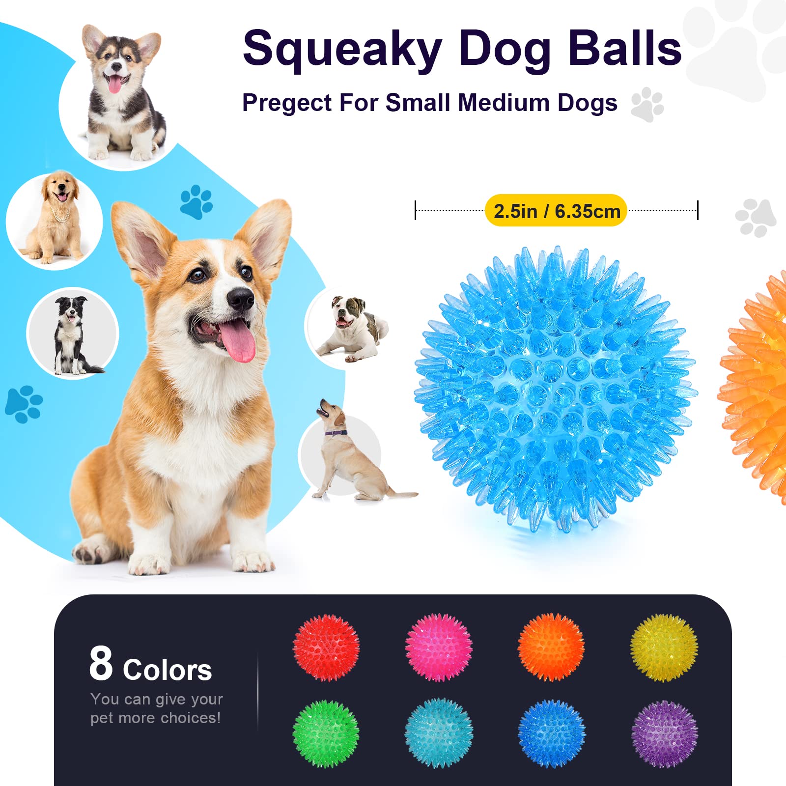 VITEVER Squeaky Dog Toy Balls - 8 Colors, 2.5" Small Set, Durable TRP Rubber, Safe for Teething and Training