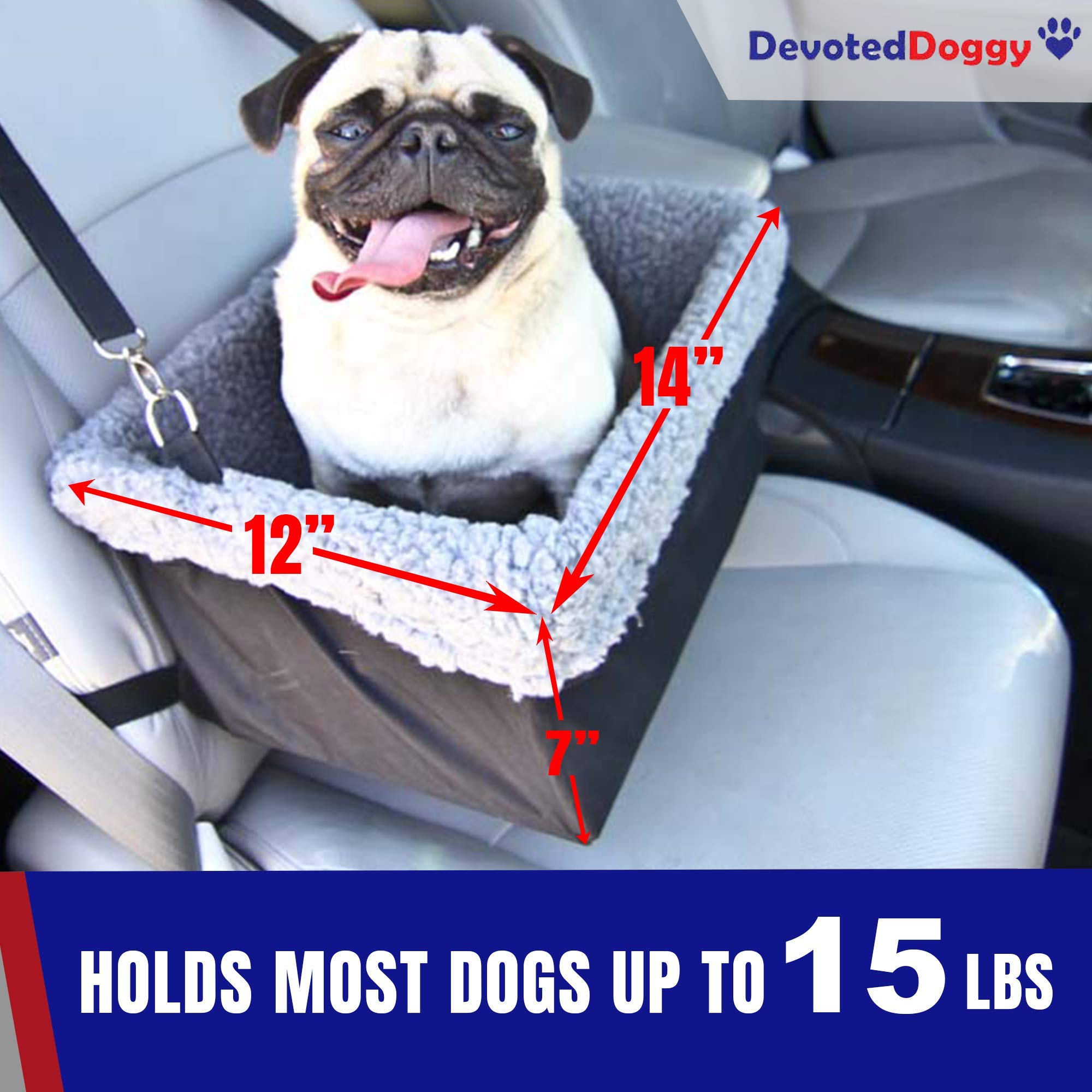 Devoted Doggy Deluxe Dog Car Seat Fits Pets Up To 15Lbs, Dog Booster Seat, Padded Cushioning, Adjustable Straps, Metal Frame Enc