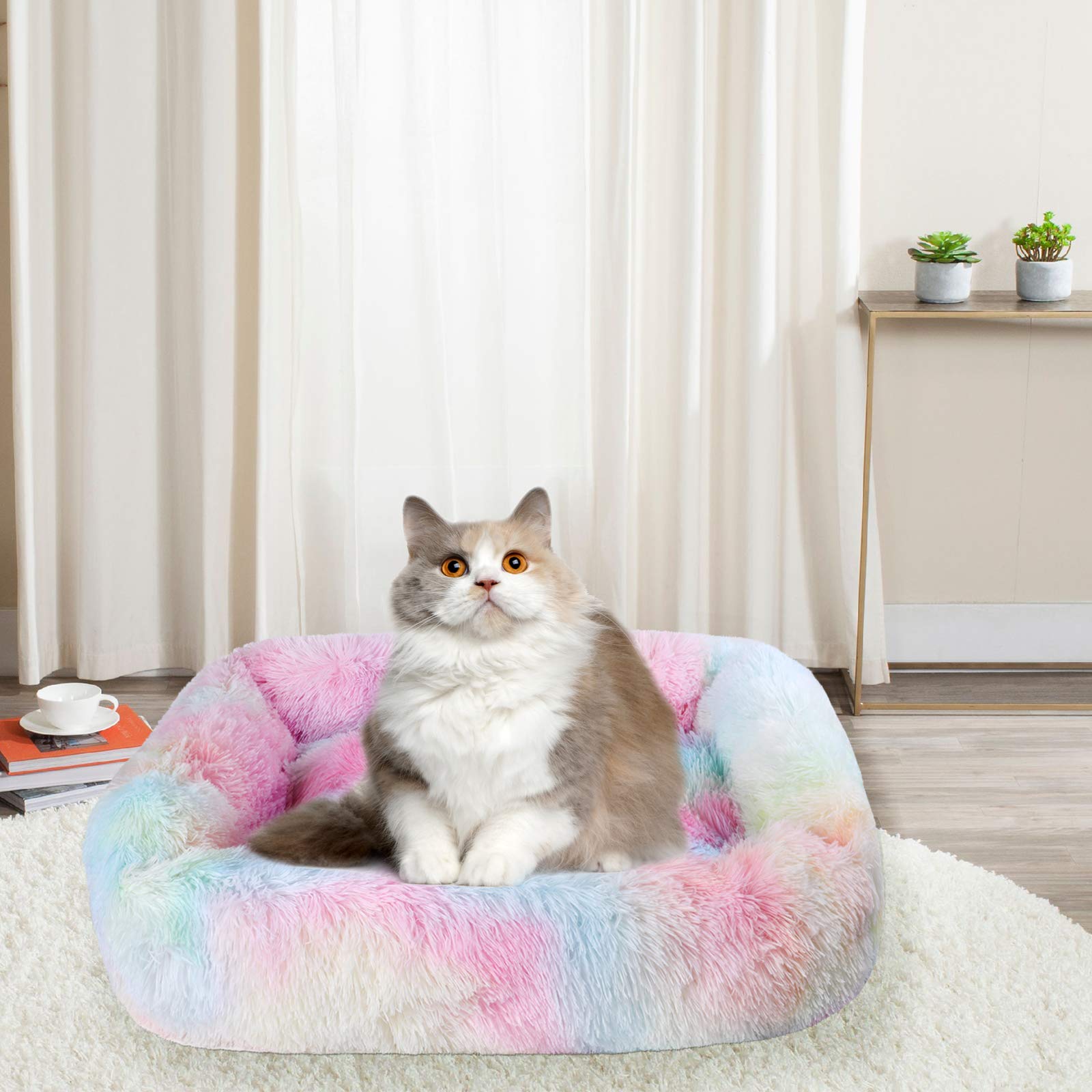 Lucky Monet Medium Dog Bed, 26'' X 22'', Calming Pet Bed With Sides, Washable, Rainbow