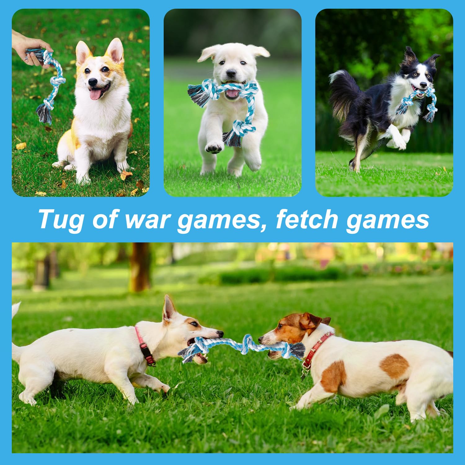 Vivifying Dog Rope Toys, 3 Knots Durable Braided Cotton Pet Chew Rope Toys For Dog Cat Puppy Teeth Cleaning(Blue)