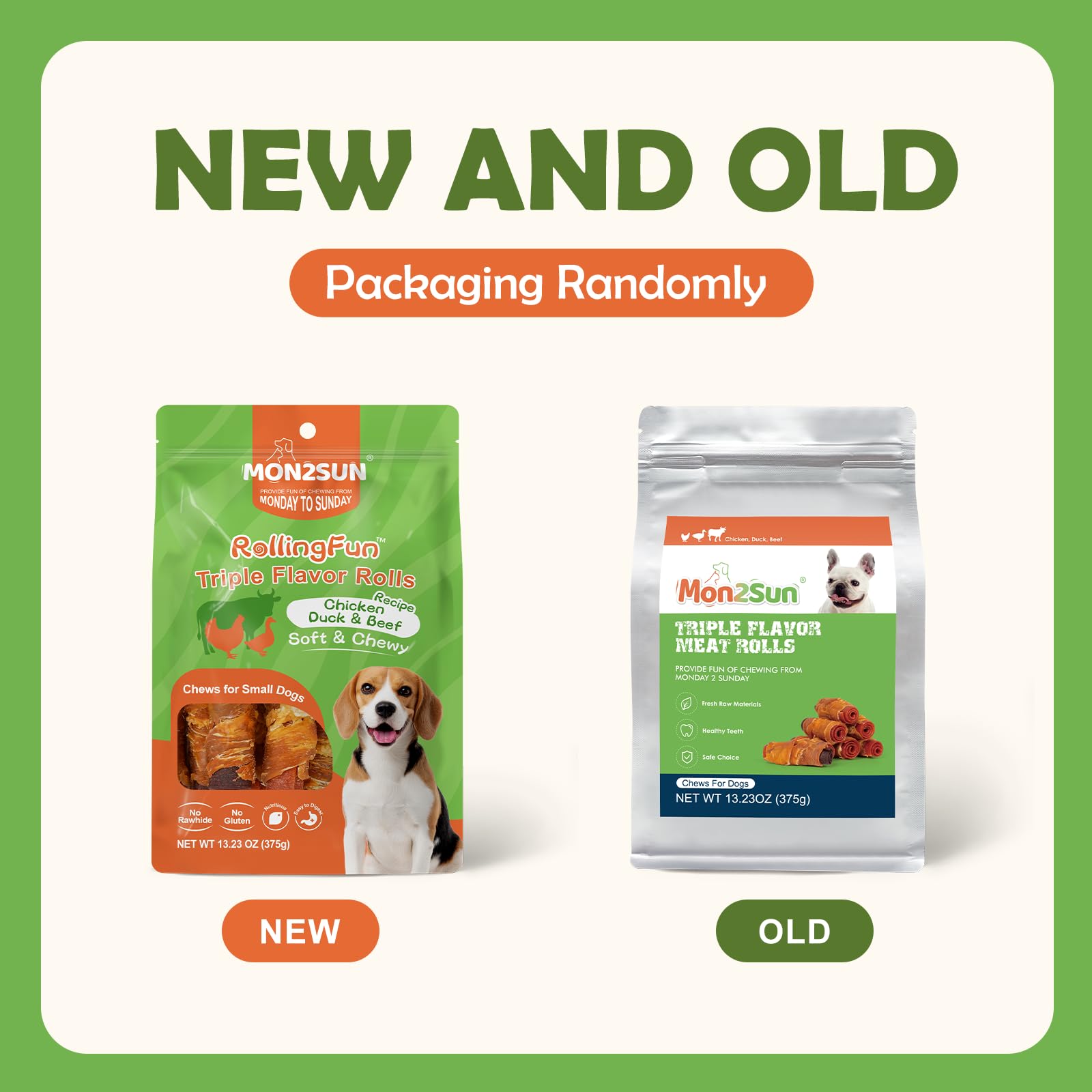 MON2SUN Rawhide Free Dog Treats, 3 Inch Triple Flavor Chicken Wrapped Duck and Beef Rolls for Small Dogs, Healthy Snacks, 13.23o