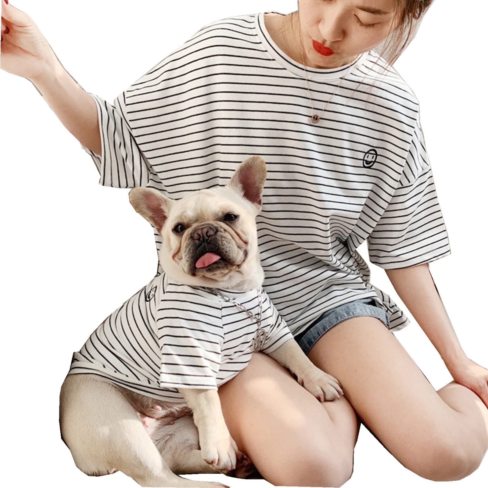 Matching Dog And Owner Clothes,White Striped Dog Shirts For Small Dogs,100% Cotton Small Dog Shirt T-Shirt Girl Boy With Smiley 