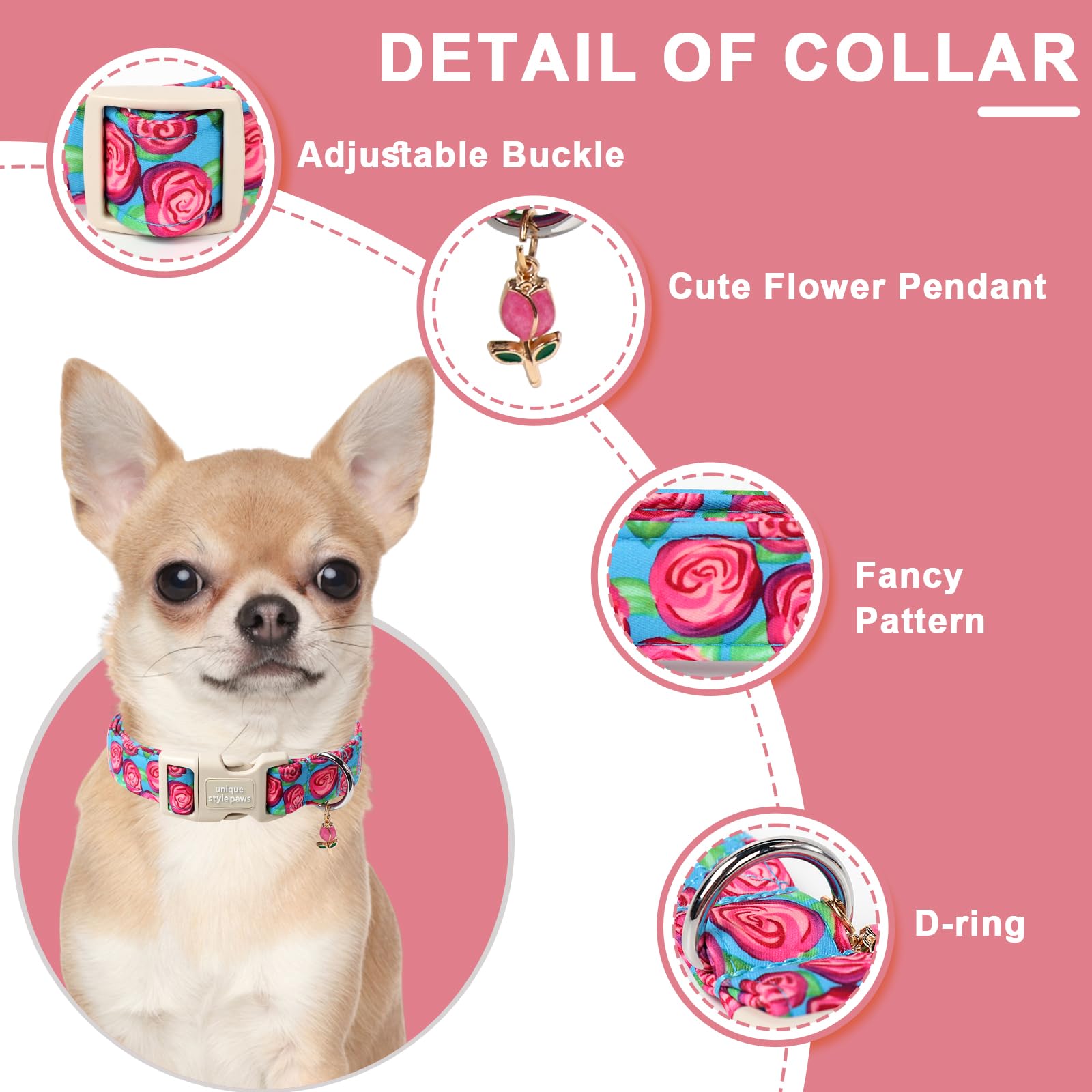 Unique Style Paws Summer Dog Collar,Blue Dog Collars With Hot Pink Rose Pattern,Adjustable Puppy Collar For Small,Medium,Large P