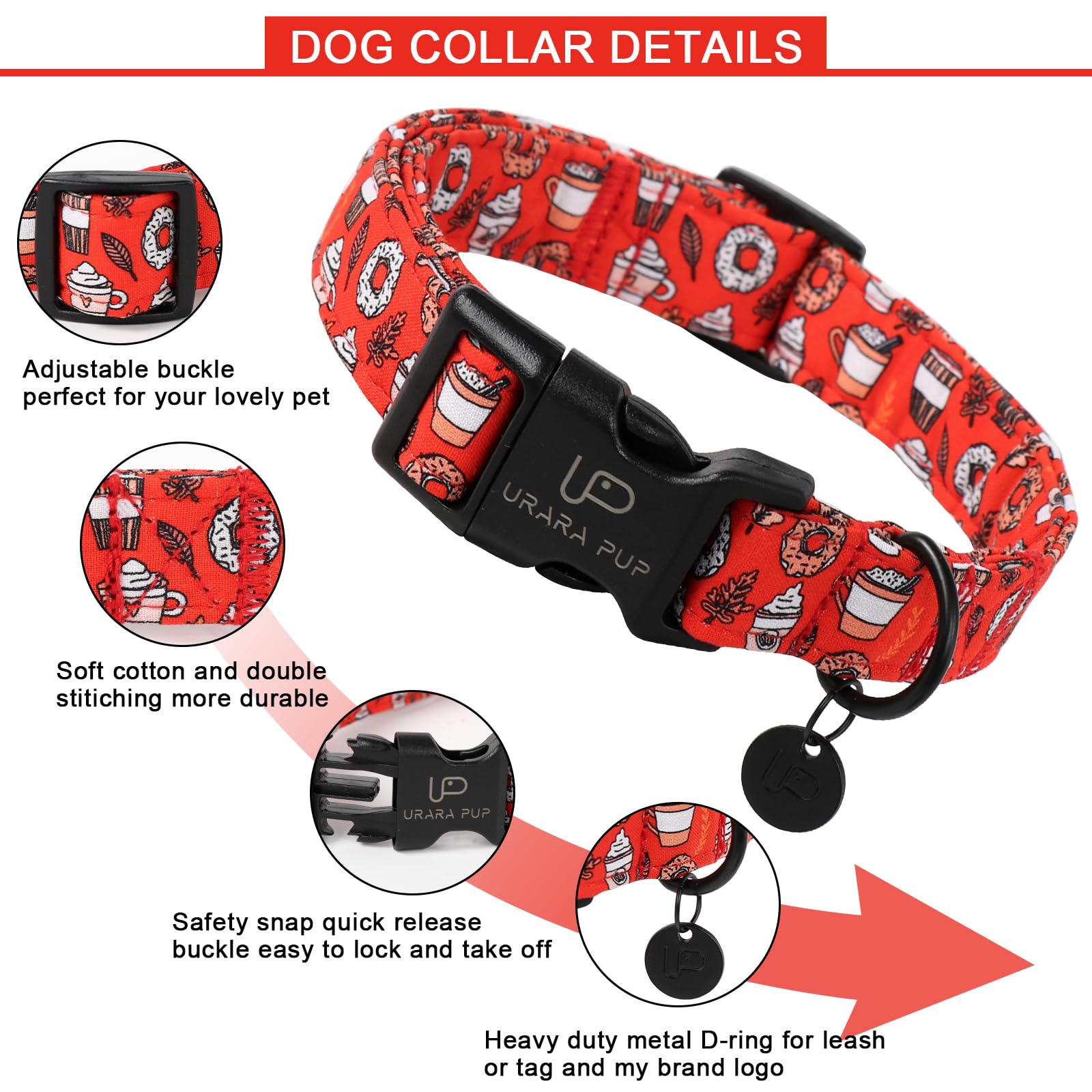 Up Urara Pup Fall Cotton Dog Collar With Plastic Buckle, Cute Doughnut Autumn Puppy Collar, Adjustable&Lightweight Pet Collar Fo
