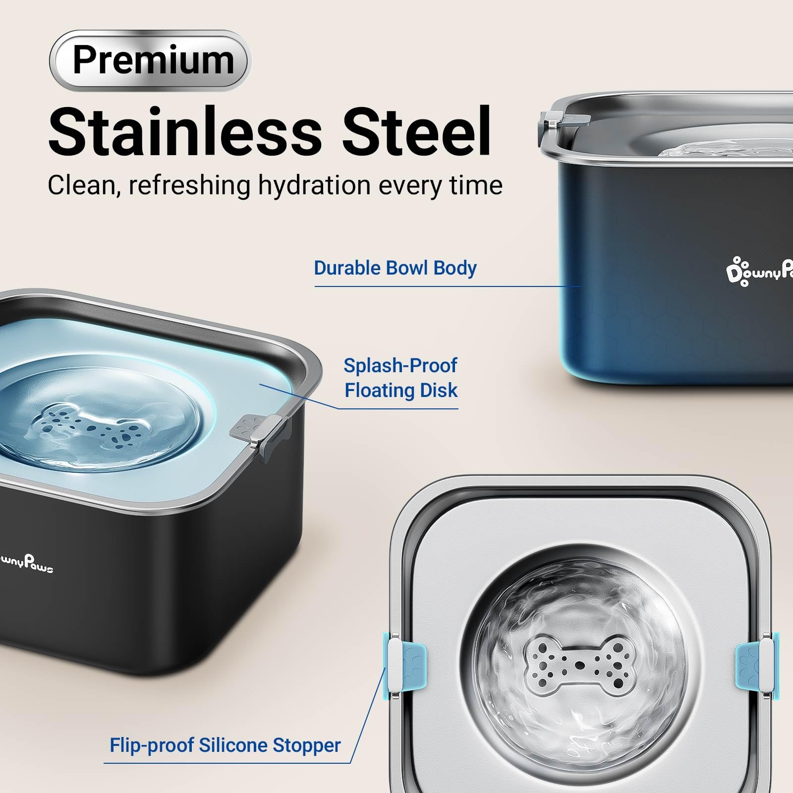 Downypaws No Spill Water Bowl For Dogs,101Oz/3L Slobber Stopper Dog Bowl Stainless Steel, Slow Drinking Dog Water Bowl, No Mess