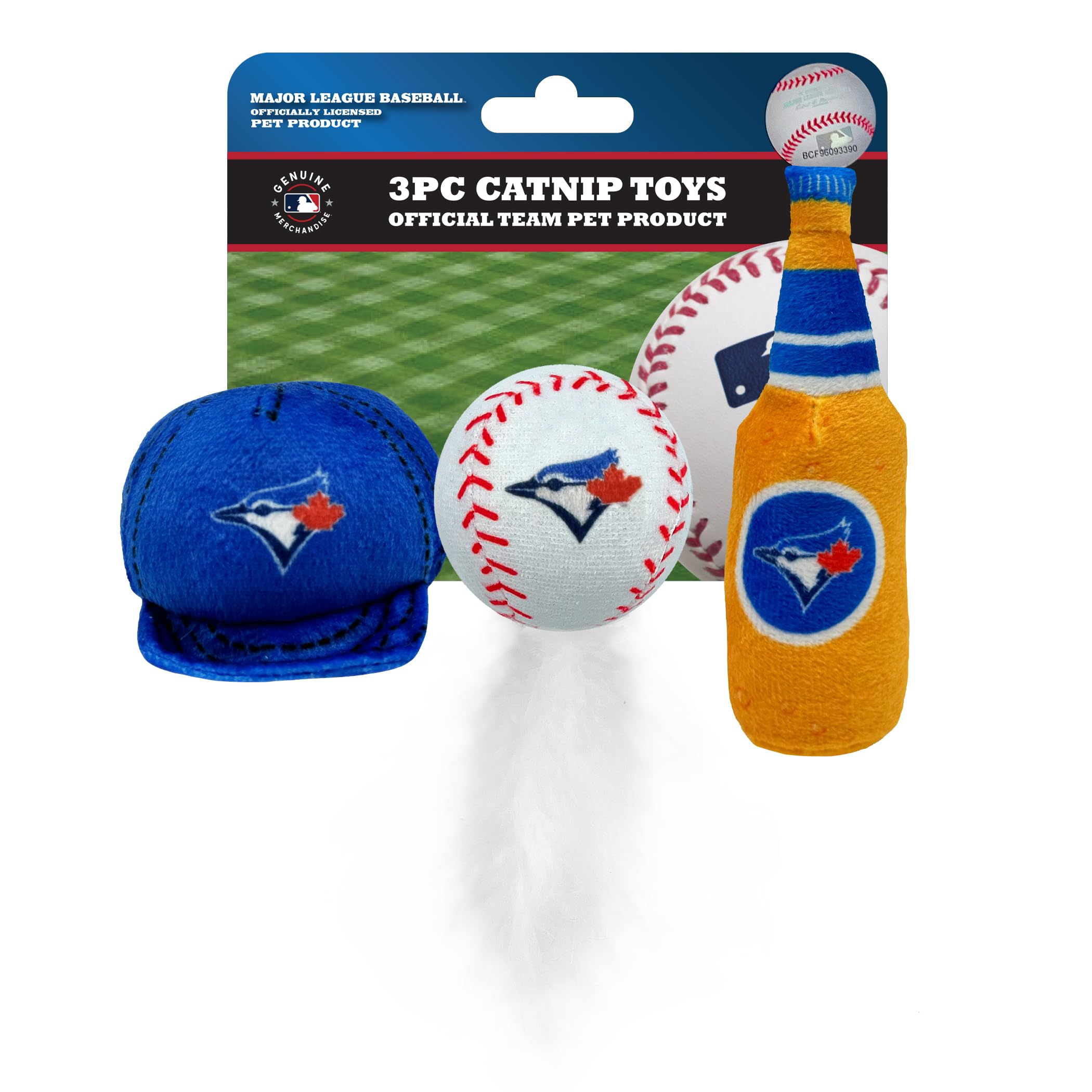 Best Plush Cat Toy - Mlb Toronto Blue Jays Complete Set Of 3 Piece Cat Toys Filled With Fresh Catnip. Incld: 1 Baseball Cap Cat Toy, 1 Baseball Cat Toy With Feathers & 1 Beer Bottle. Team Logos