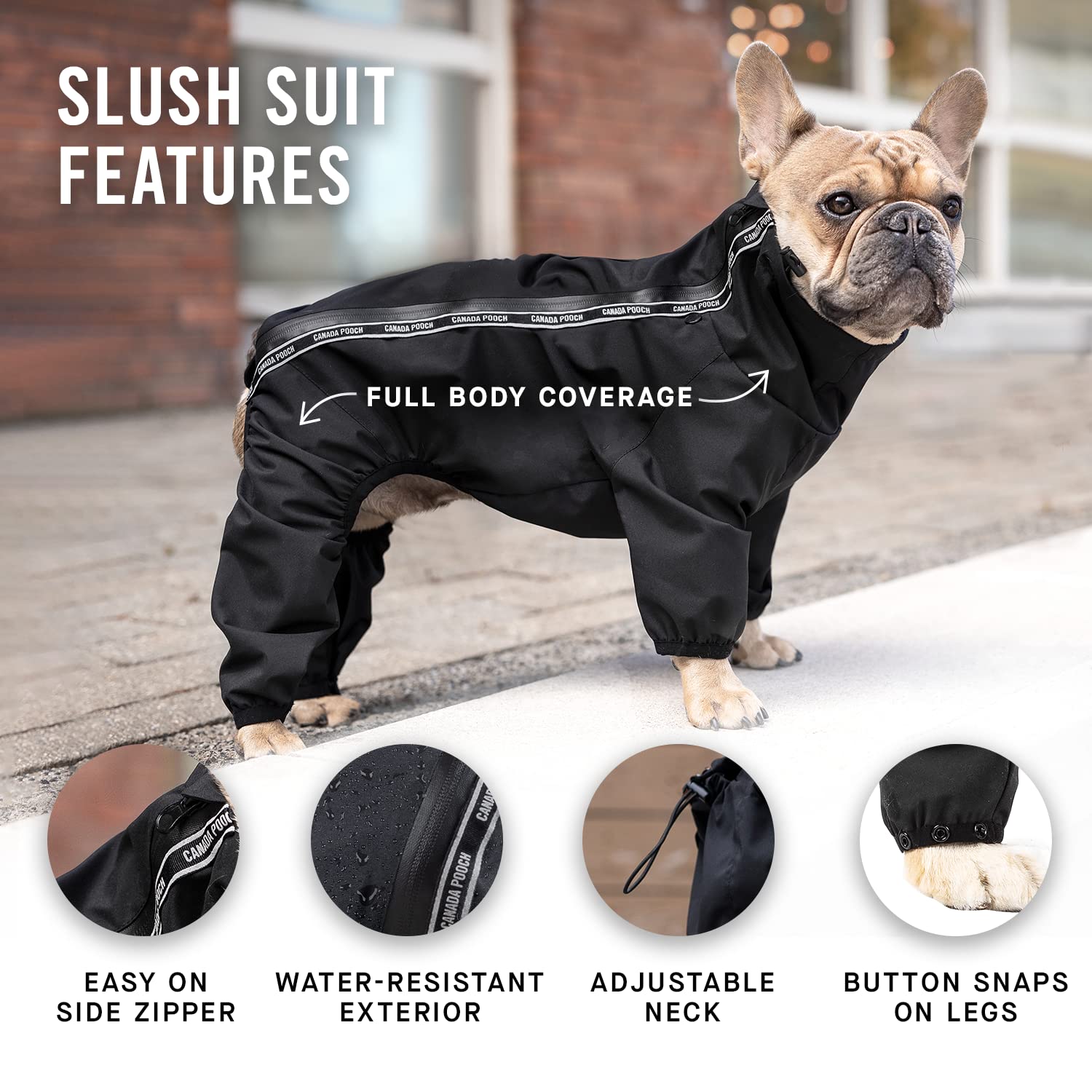 Canada Pooch Dog Slush Suit Dog Bodysuit For Rain And Snow Full Body Dog Suit Water-Resistant Dog Onesie (Black, 8 (7-9' Back Length))