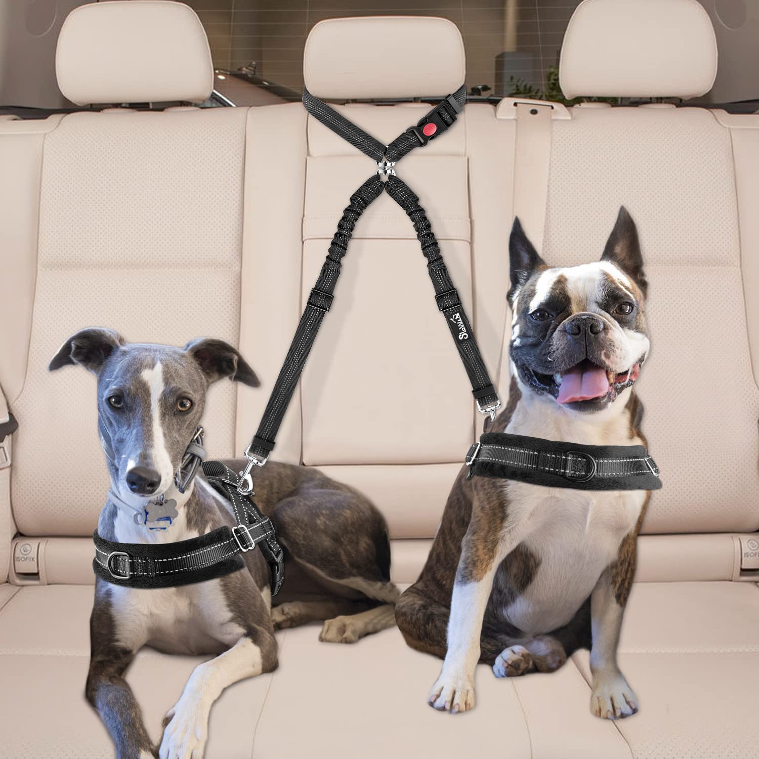 Lukovee Double Dog Seat Belt, New Dual Pet Car Headrest Restraint Safety Seatbelt No Tangle Dog Leash Duty Adjust Elastic Bungee Puppy Lead Splitter Connect Harness In Vehicle Travel,Black,2 Pcs