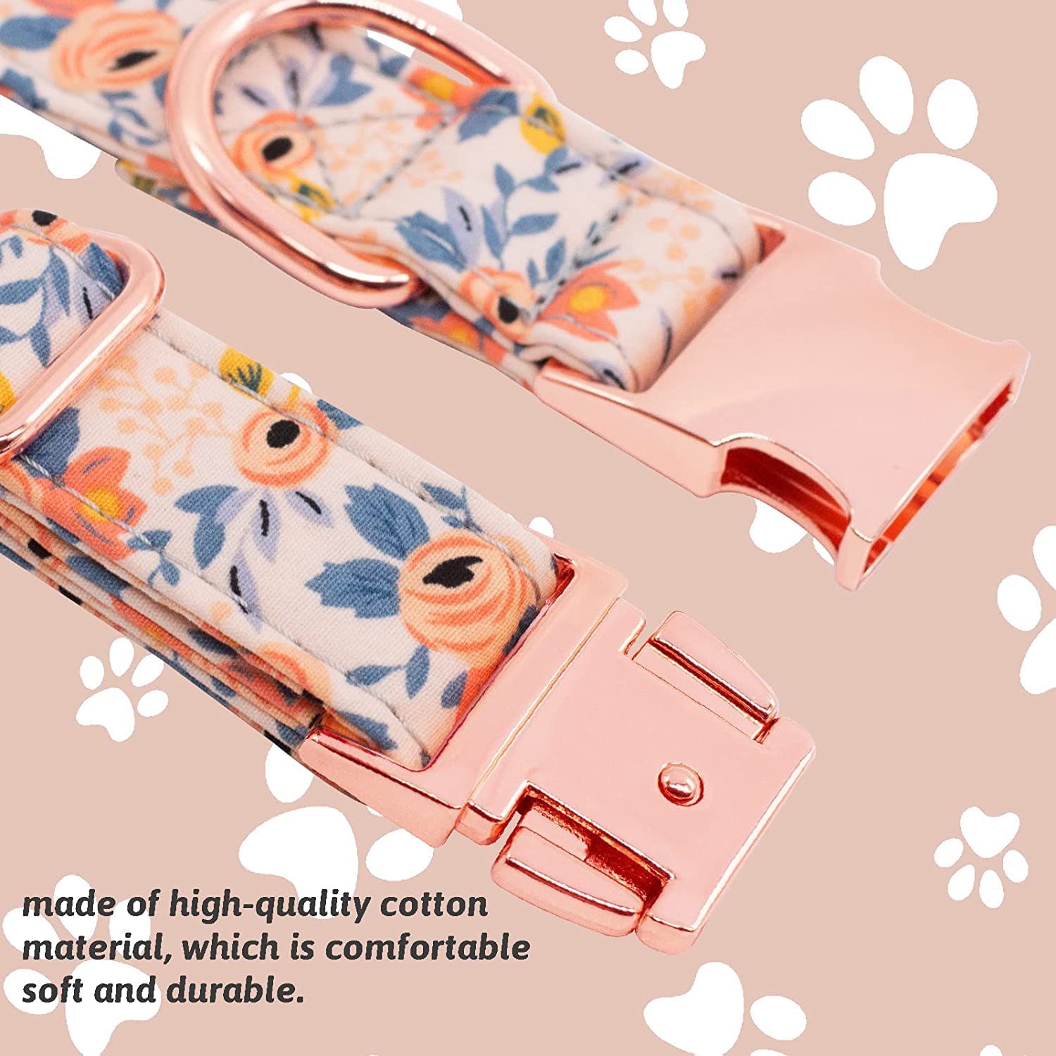 Xdudeed Wud Dog Collar, Cute Flower Floral Patterns Pet Collars For Girl Female Boy Small Medium Large Dogs, Strong Rose Gold Me