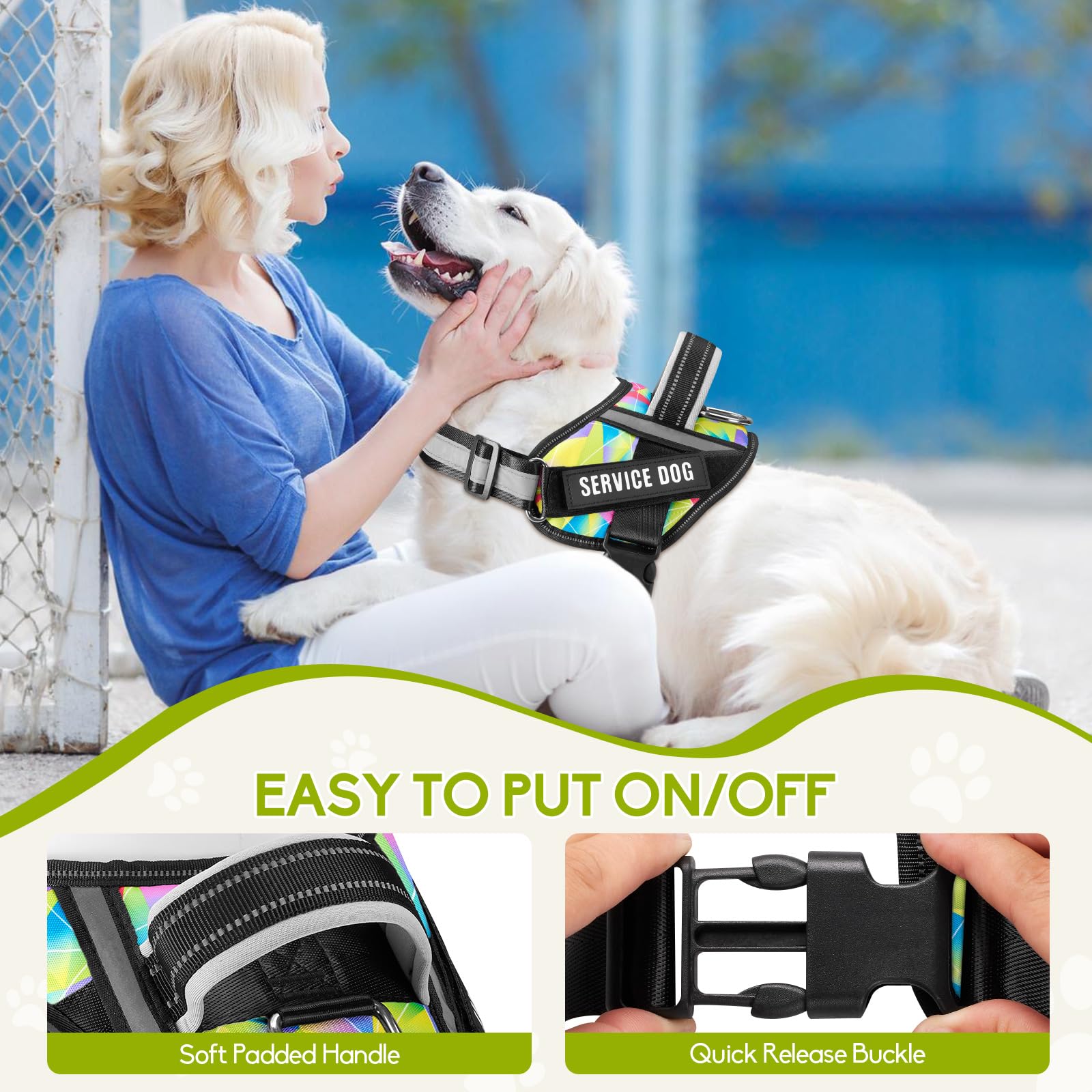 Service Dog Vest Harness And Leash Set, Animire In Training Dog Harness With 8 Dog Patches, Reflective Dog Leash With Soft Handle For Small, Medium, Large, And Extra-Large Dogs (Multi-Colored,M)