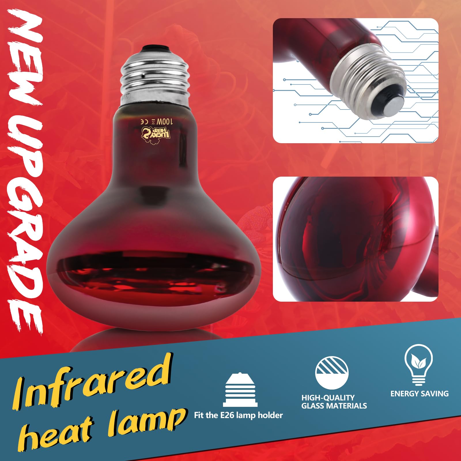LUCKY HERP Infrared Heat Lamp 100W 2 Pack,Reptile & Amphibian Basking Spot Light Bulbs, Red Heat Lamp Bulbs for Reptiles, Bearde