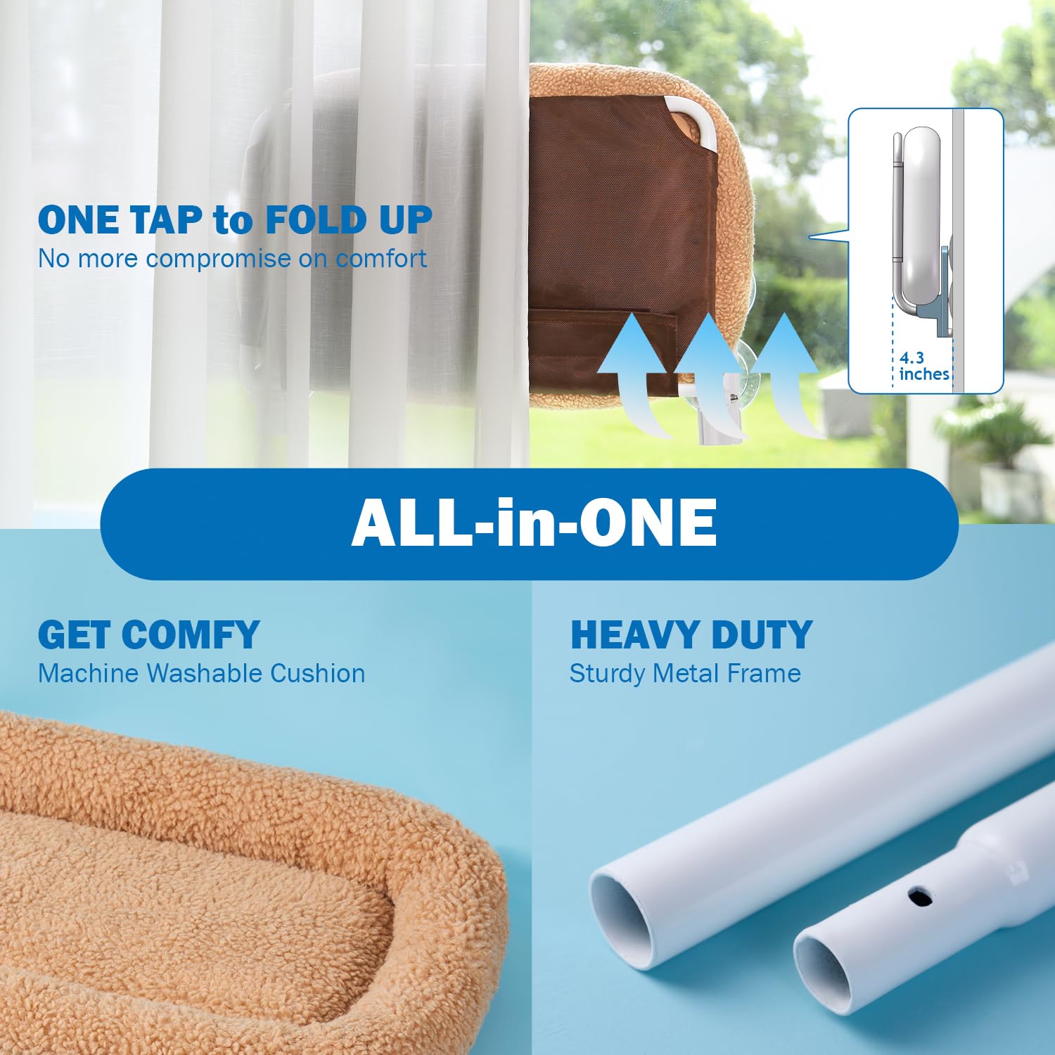 Zakkart Foldable Cat Hammock For Window - Cordless, Machine Washable Bed, Robust Metal Frame & Abs Brackets - Cat Window Perch F