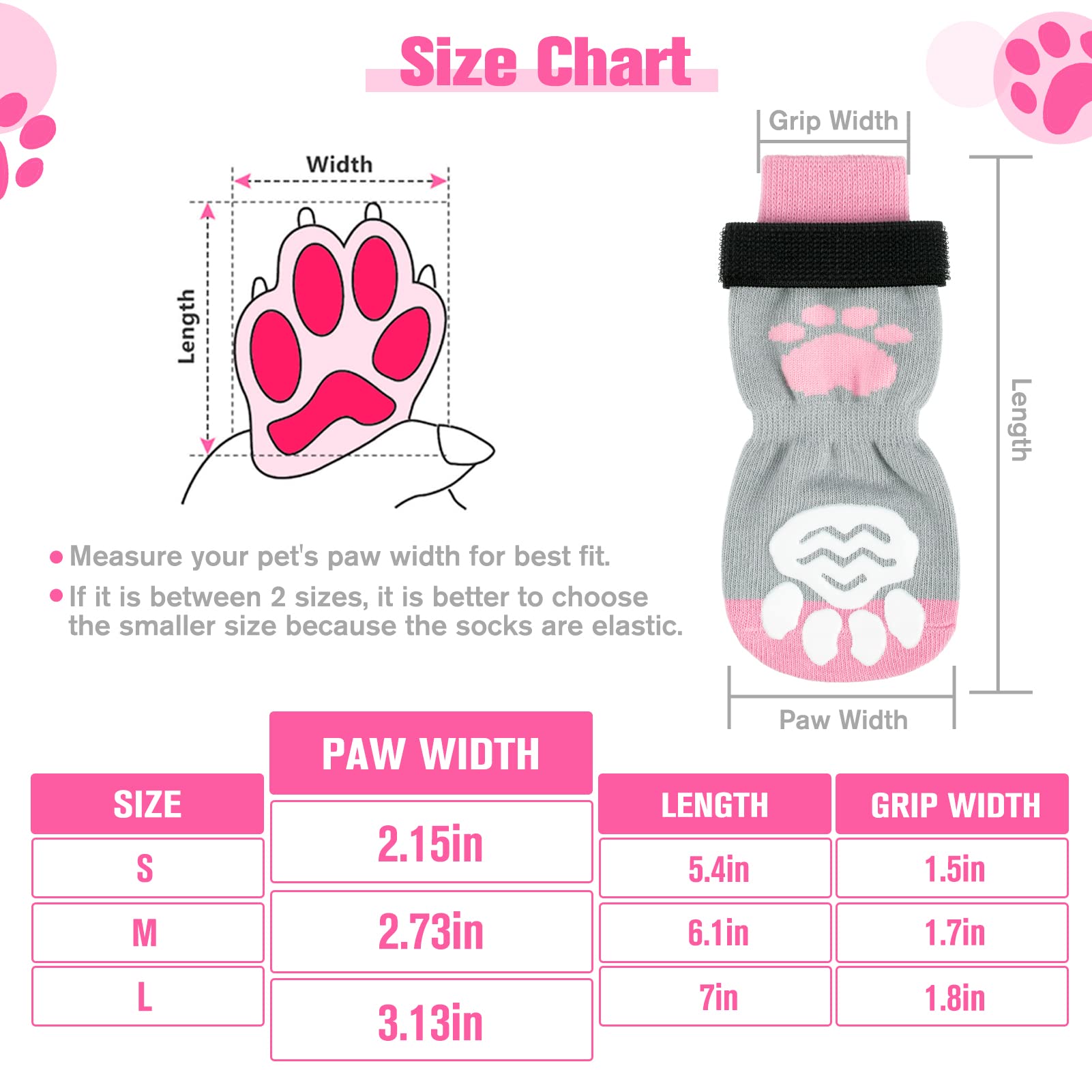 Scirokko 3 Pairs Anti-Slip Dog Socks - Adjustable Pet Non-Slip Paw Protection With Pink Paw Pattern For Puppy Doggy Indoor Traction Control Wear On Floor