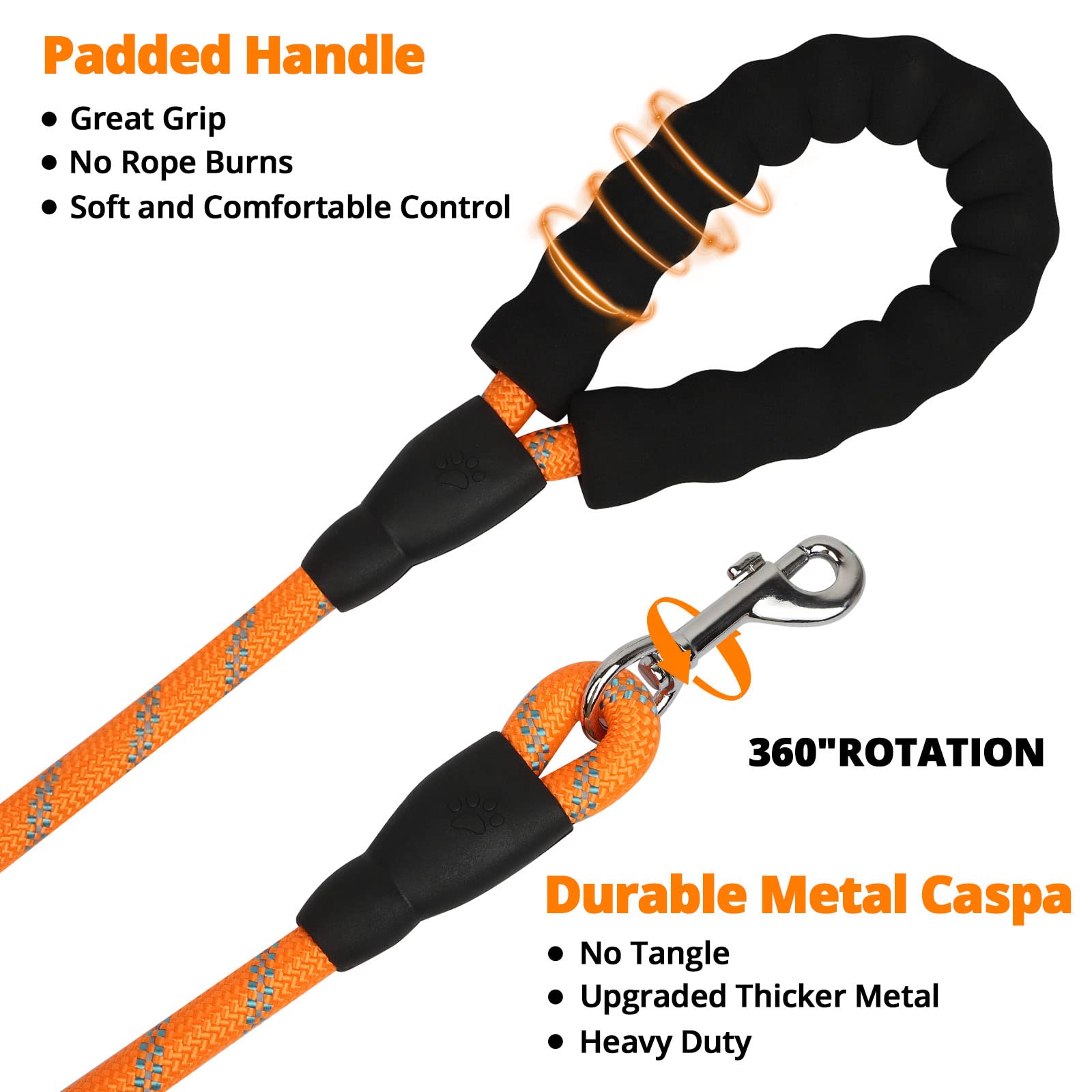 Rope Dog Leash 4 Ft: Heavy Duty Leashes With Swivel Lockable Hook Reflective Threads Bungee And Padded Handle - Dog Lead For Large Small Medium Dogs Outside Walking Hiking Orange
