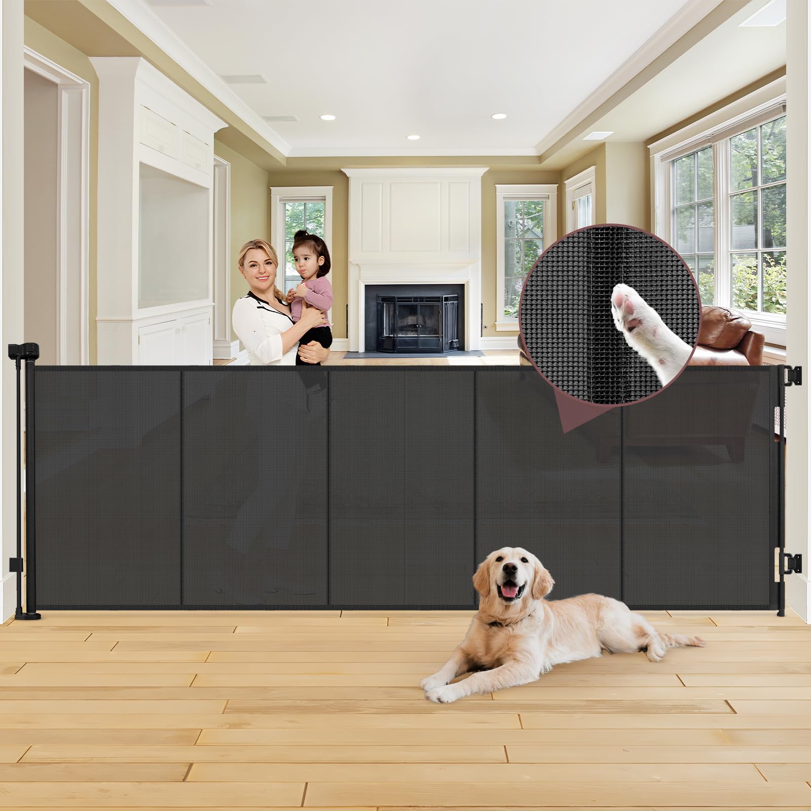 Reinforced 41'' Extra Tall Retractable Baby Gates Extra Wide 100'' Retractable Dog Gate with Support Rods, Indoor Extra Long Bab