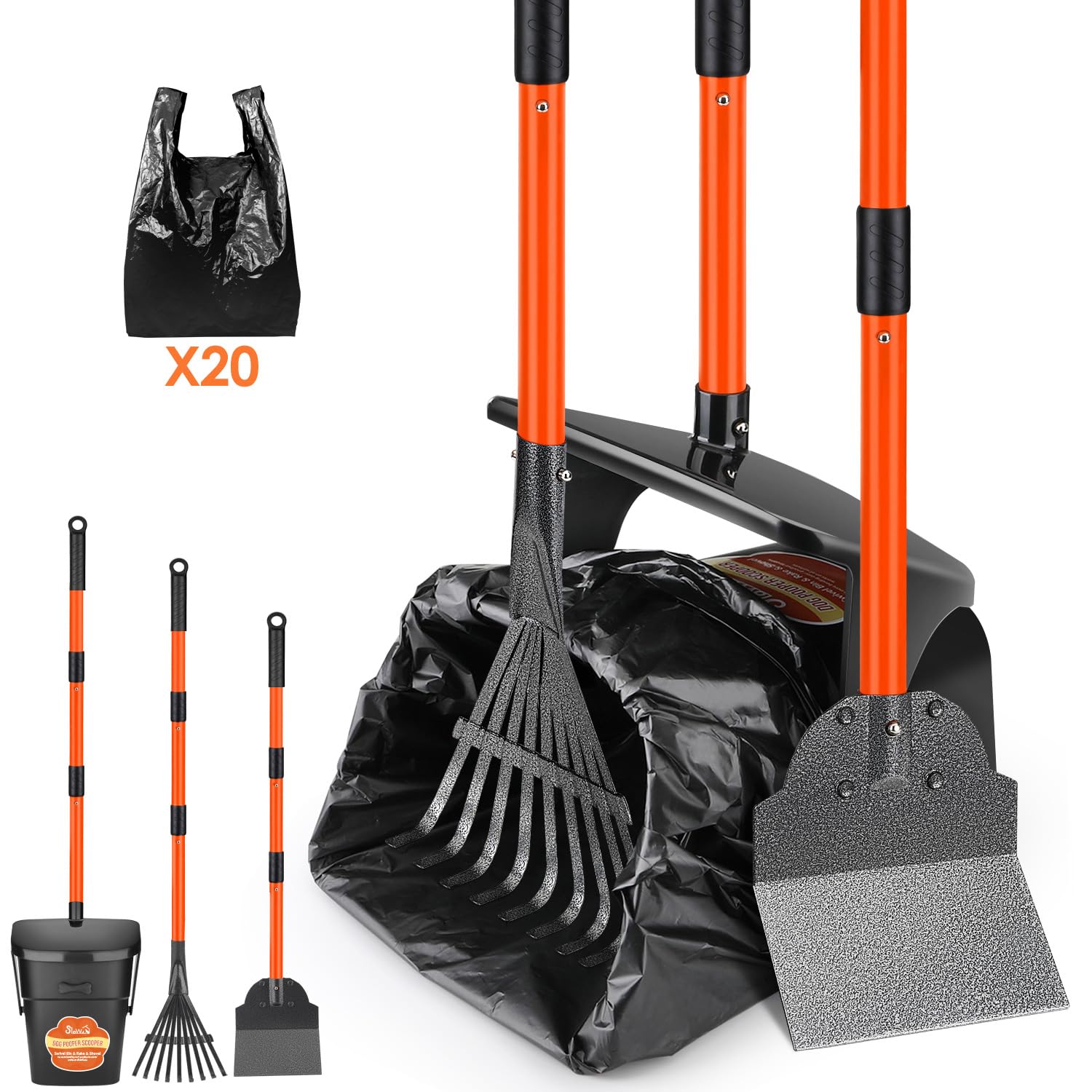Lukovee Dog Pooper Scooper, 37.4'' Long Adjustable Metal Handle Swivel Bin & Rake & Spade Kit With 20 Poop Bags, Portable Dog No