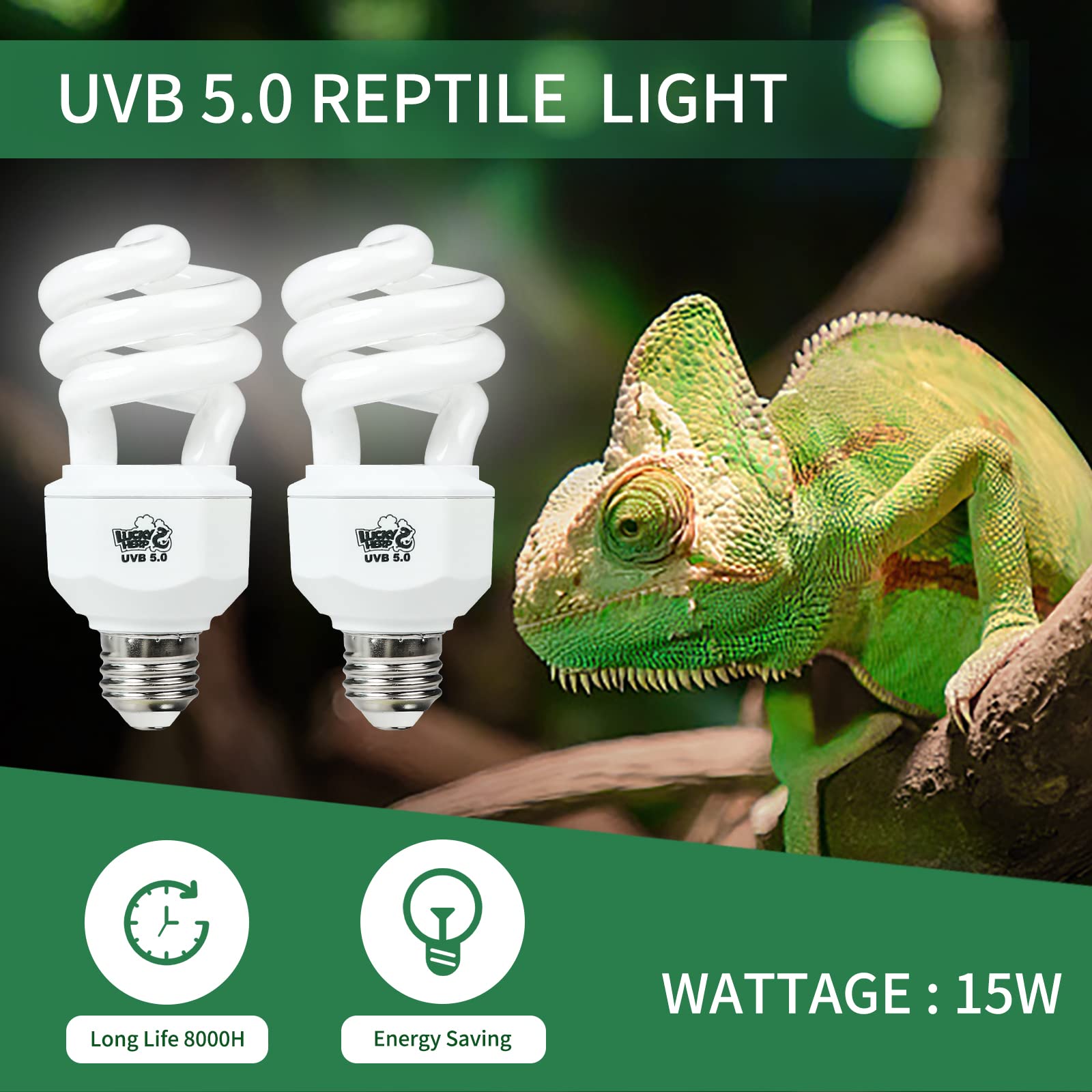 LUCKY HERP 2 Pack UVA UVB Reptile Light, 15W 5.0 UVB Bulb for Tropical and Sub Tropical Reptiles, Compact Fluorescent Terrarium