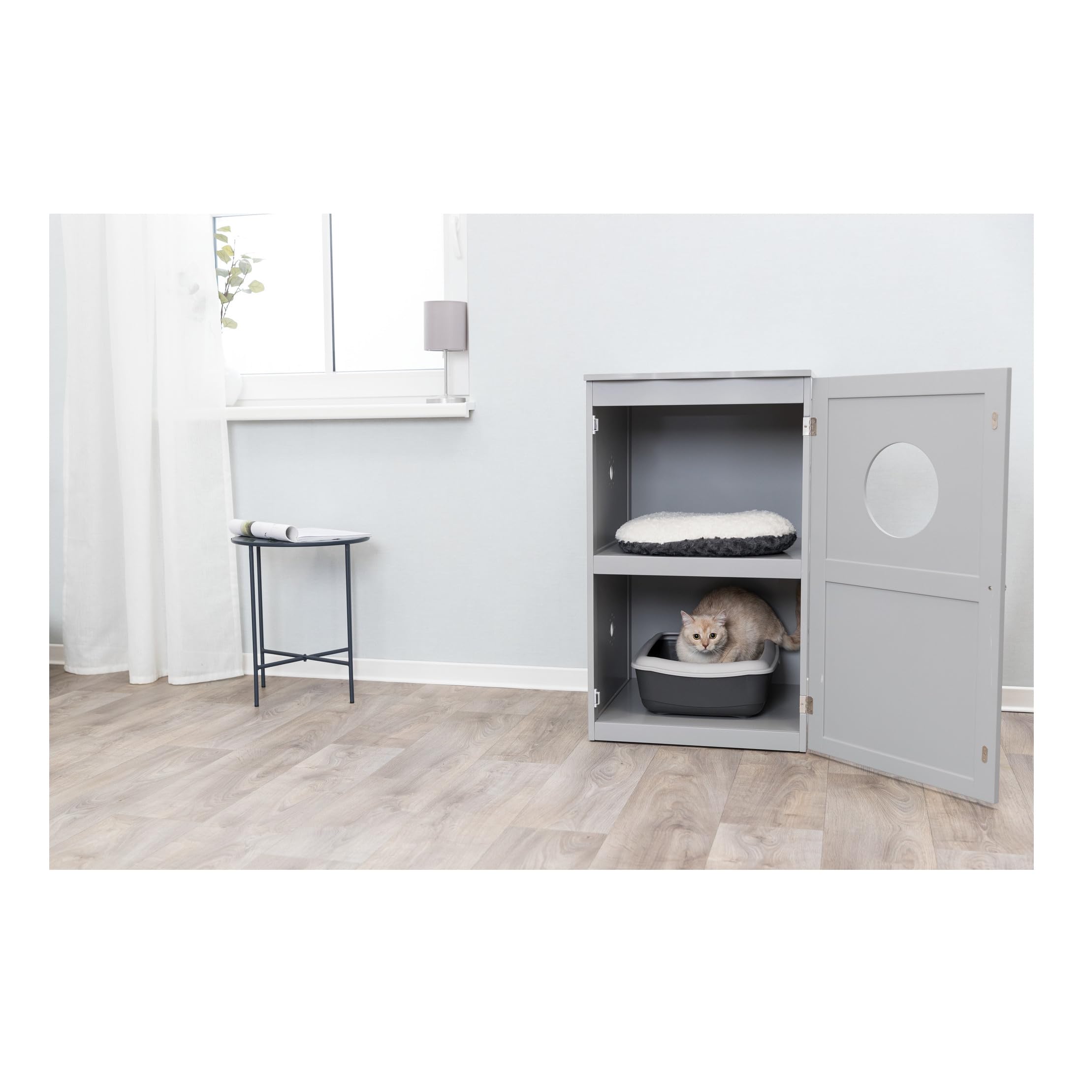 Trixie 2 Story Furniture Litter Box Enclosure (Gray), Hidden Litter Box For Cats, Double Layer, Big Front Door For Easy Cleaning