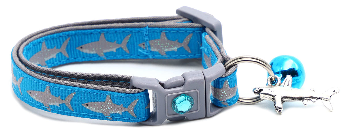 Great White Shark Cat Collar - Safety - Breakaway - Charm And Bell - Pugs2Persians (Small(10Lbs & Less), Blue)