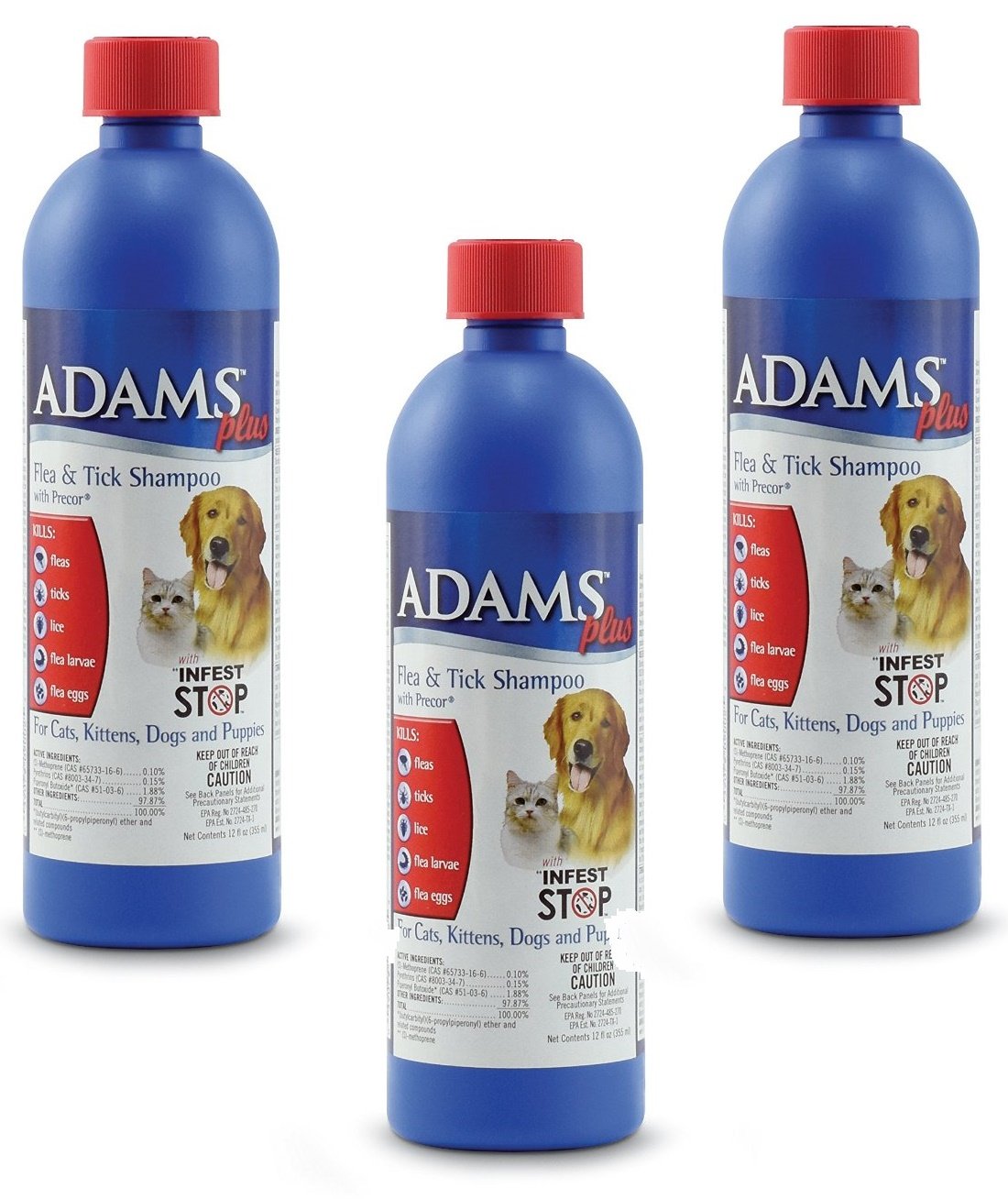 (3 Pack) Adams Plus Flea And Tick Shampoo With Precor For Dogs And Cats - 12-Ounce Bottles