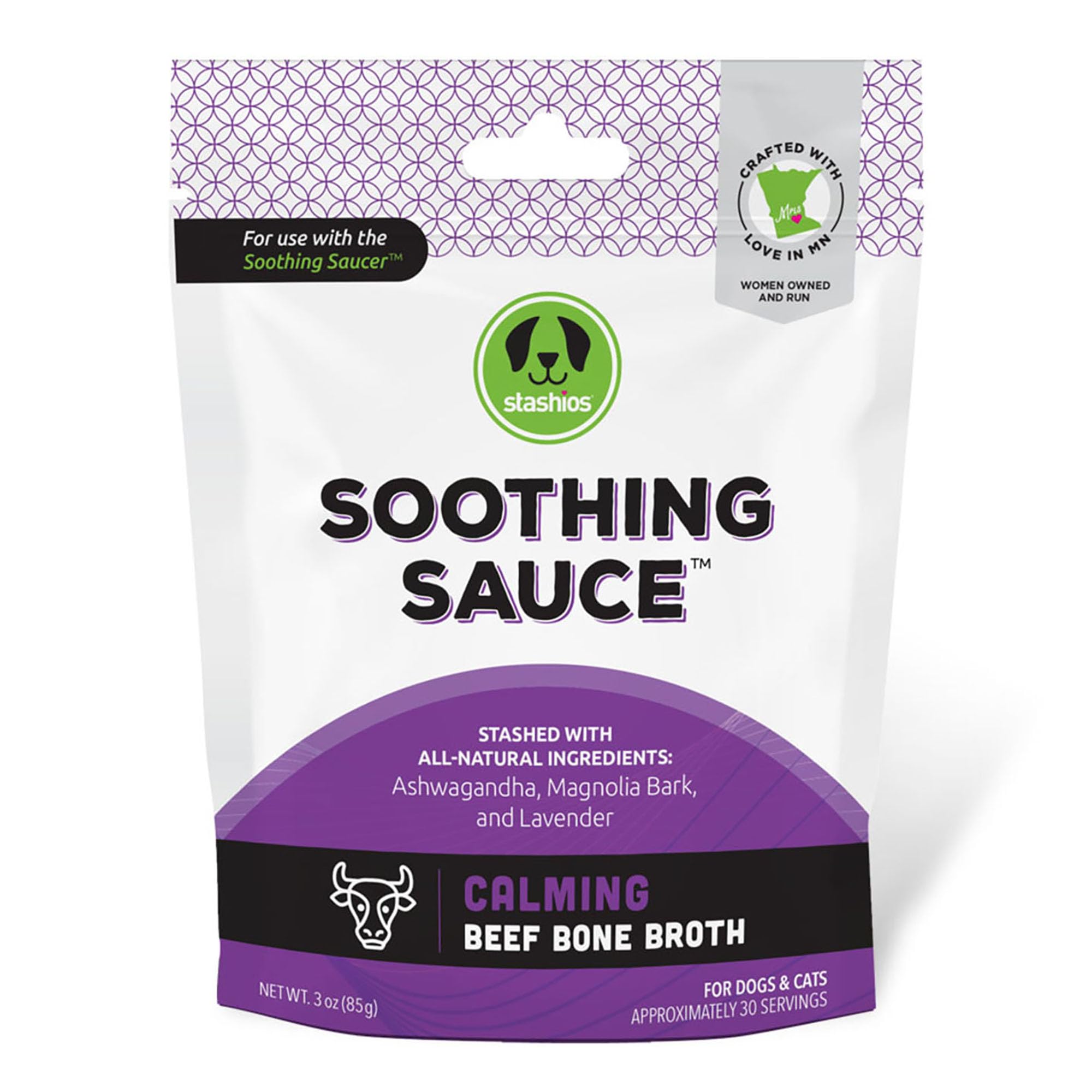 Stashios Soothing Sauce Beef Bone Broth Calming Powder Supplement for Dogs & Cats, All Natural Anxiety Relief, Made in The USA, 