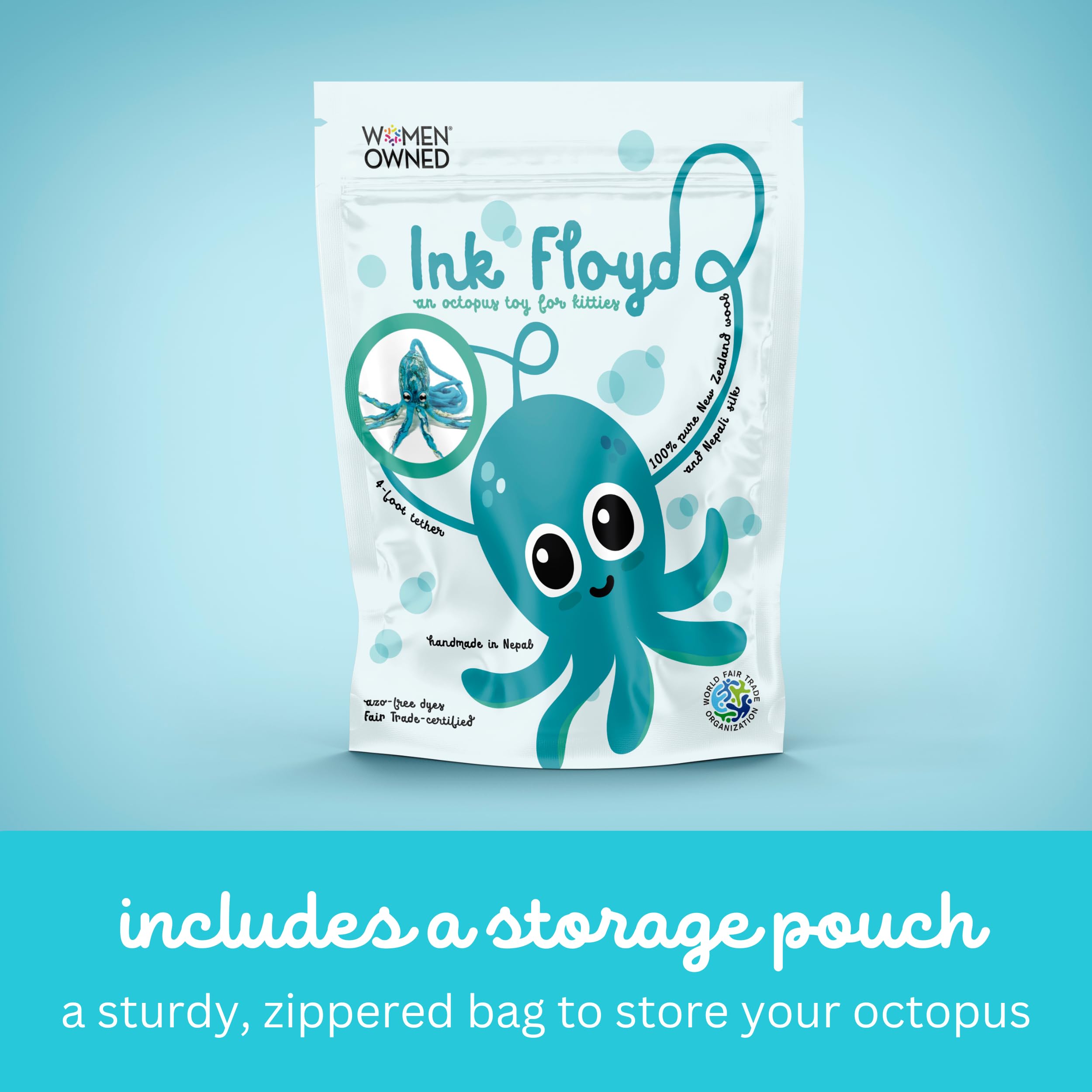 Cat in the Box Ink Floyd Wool Octopus Toy with a 4-Foot Tether for Indoor Cats and Kittens. Kicker Teaser Wand String Plush for