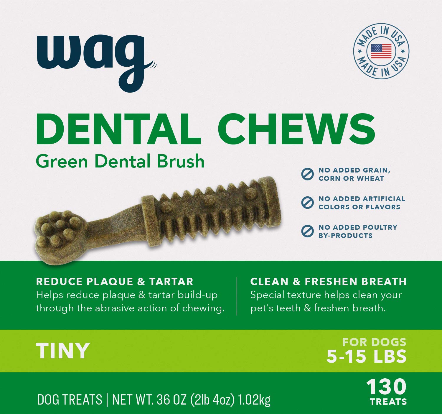 Amazon Brand - Wag Dental Dog Treats to Help Clean Teeth & Freshen Breath Tiny, 2.25 pounds, Unflavored - 130 Count, Pack of 1