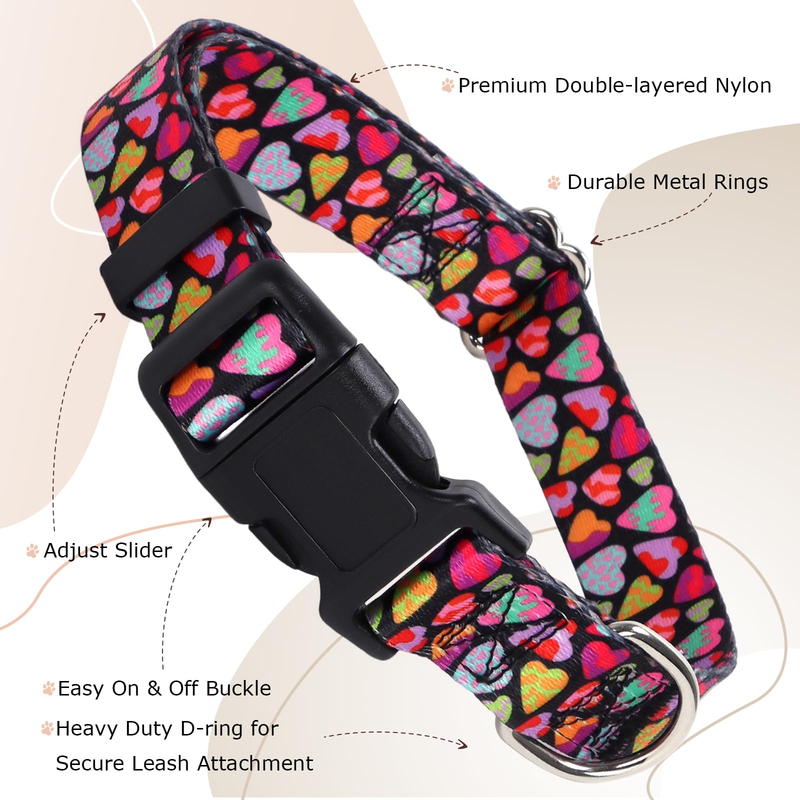 Dog Collar For Puppy Small Dogs With Love Hearts, Pink Girl Boy Dog Collar Adjustable Comfy Wedding Dog Collar With Safety Buckl