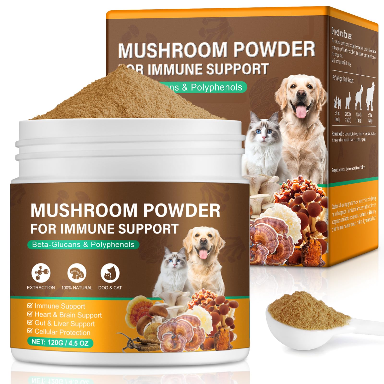 Mushroom Supplement Powder for Dogs & Cats, 11 Beneficial Mushroom Complex for Immune Support, Cellular Protection, Heart & Brai