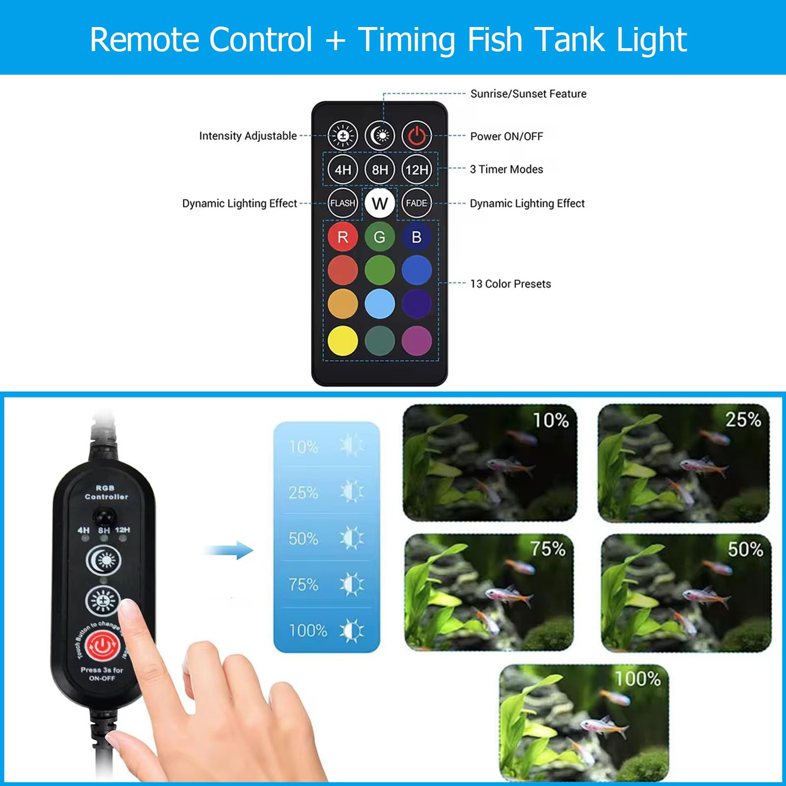 Submersible Aquarium Light,LED Aquarium Air Bubble Light,RGB Color Changing Brightness Adjustable Timing Waterproof Remote Contr