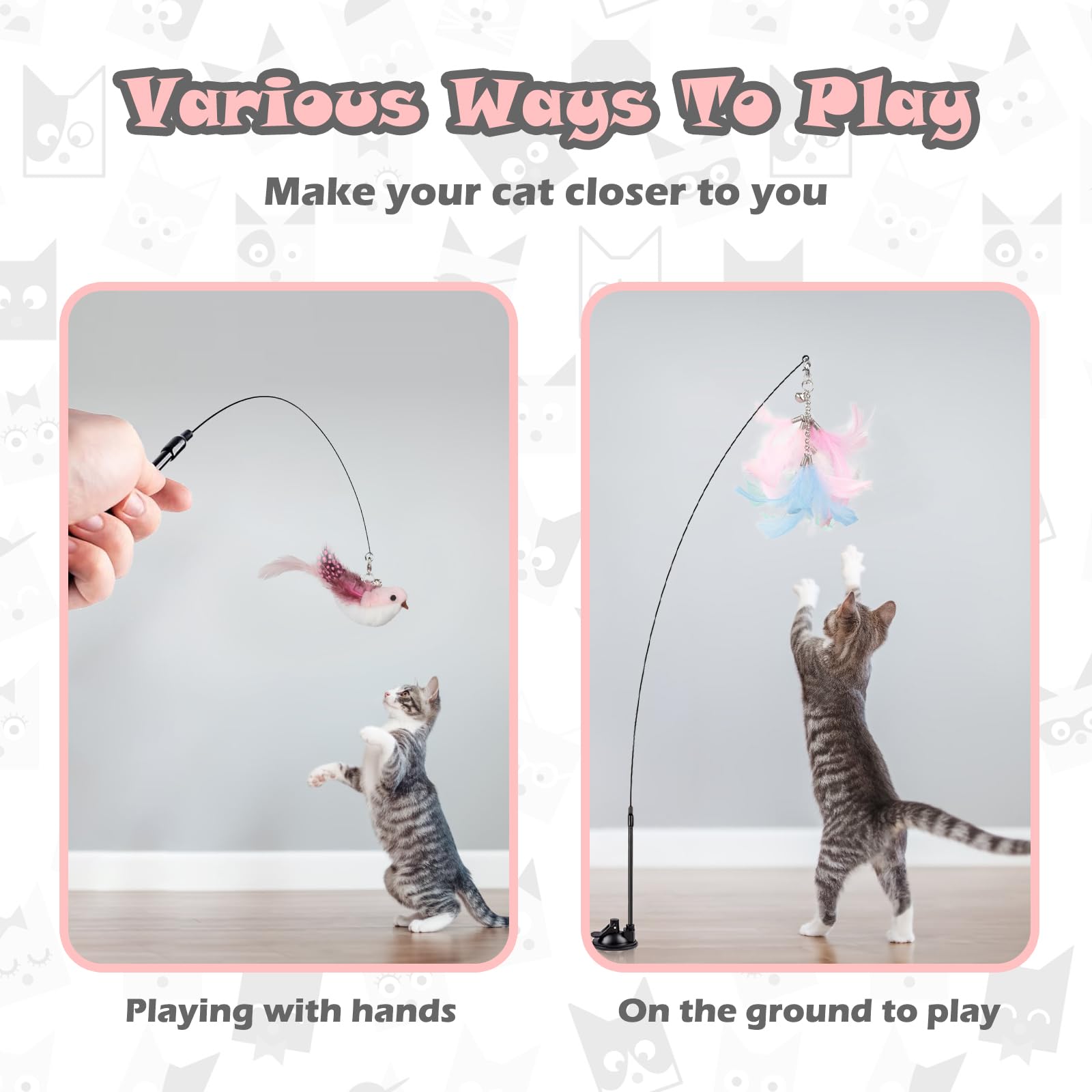 Greoil Cat Feather Toys, Interactive Cat Toy For Indoor Cats,Cat Wand Toys With 2 Suction Cup And 3 Wands, 3 In 1 Cat Toys For B