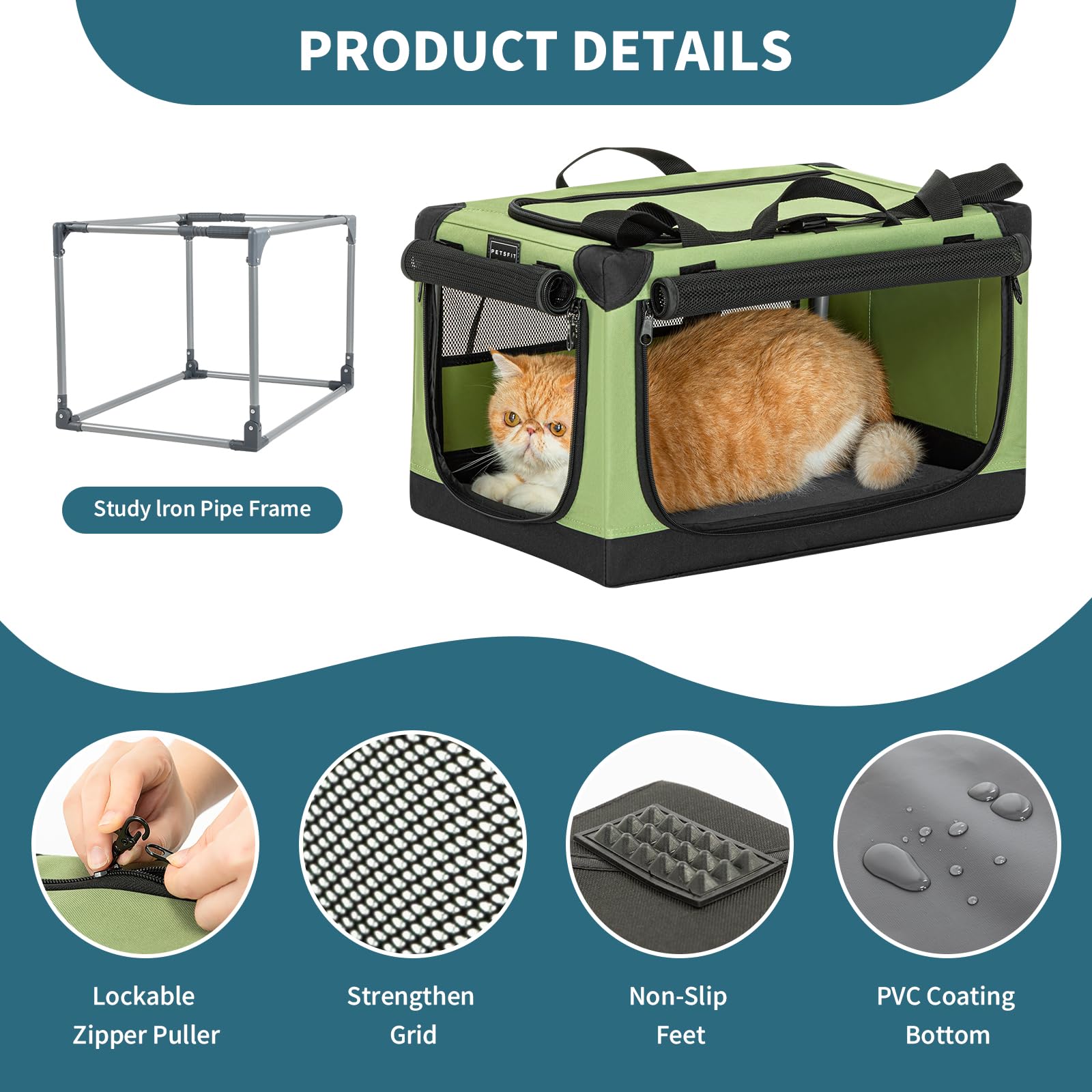 Petsfit Cat Crate - 20 Inch Lightweight, Easy Setup, Sturdy Portable, Adjustable Framework With 3 Mesh Door, Collapsible Dog Cra