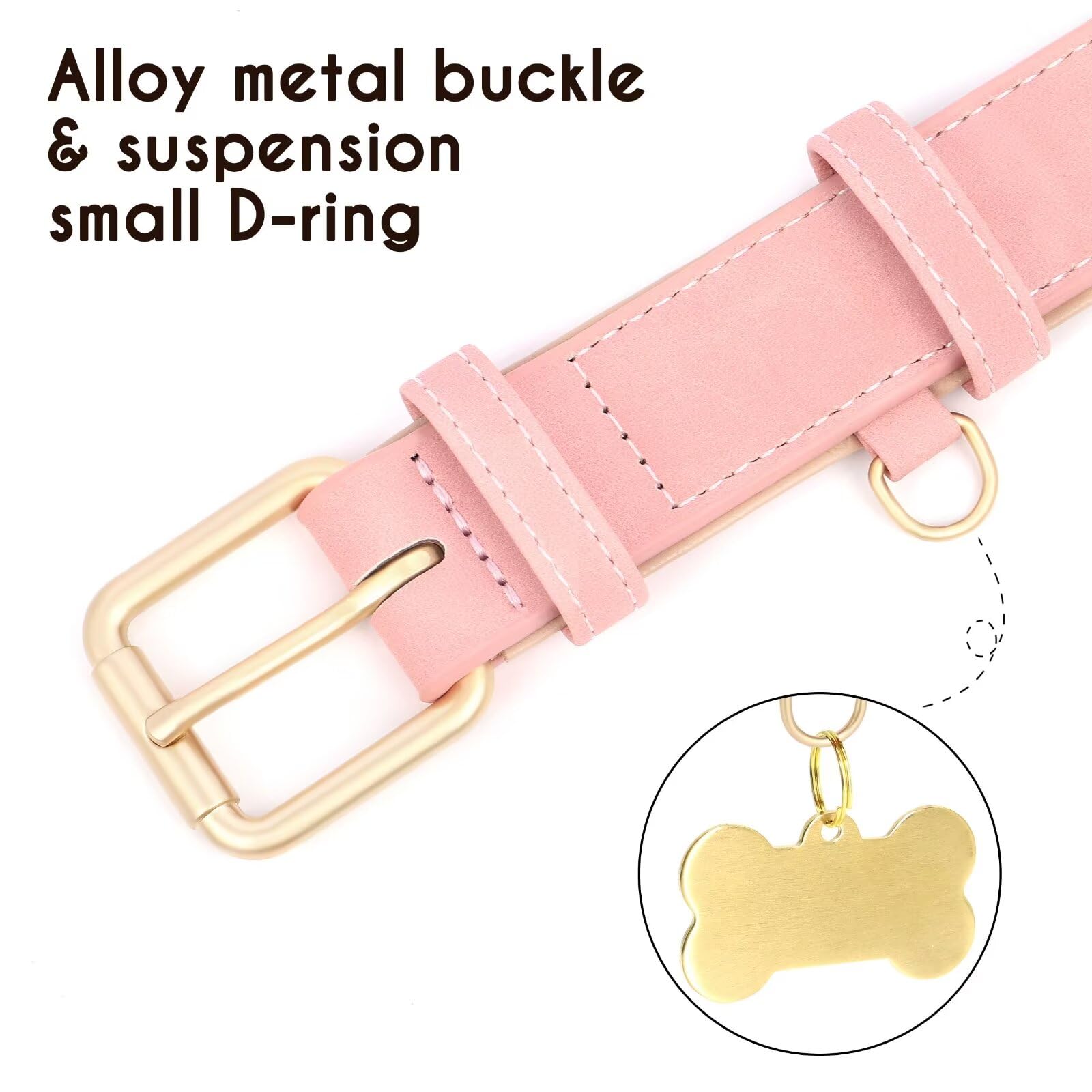 Didog Soft Padded Leather Dog Collar, Adjustable Pink Dog Collars For Medium Dogs With Heavy Duty Metal Buckle And D Ring,Pink,M