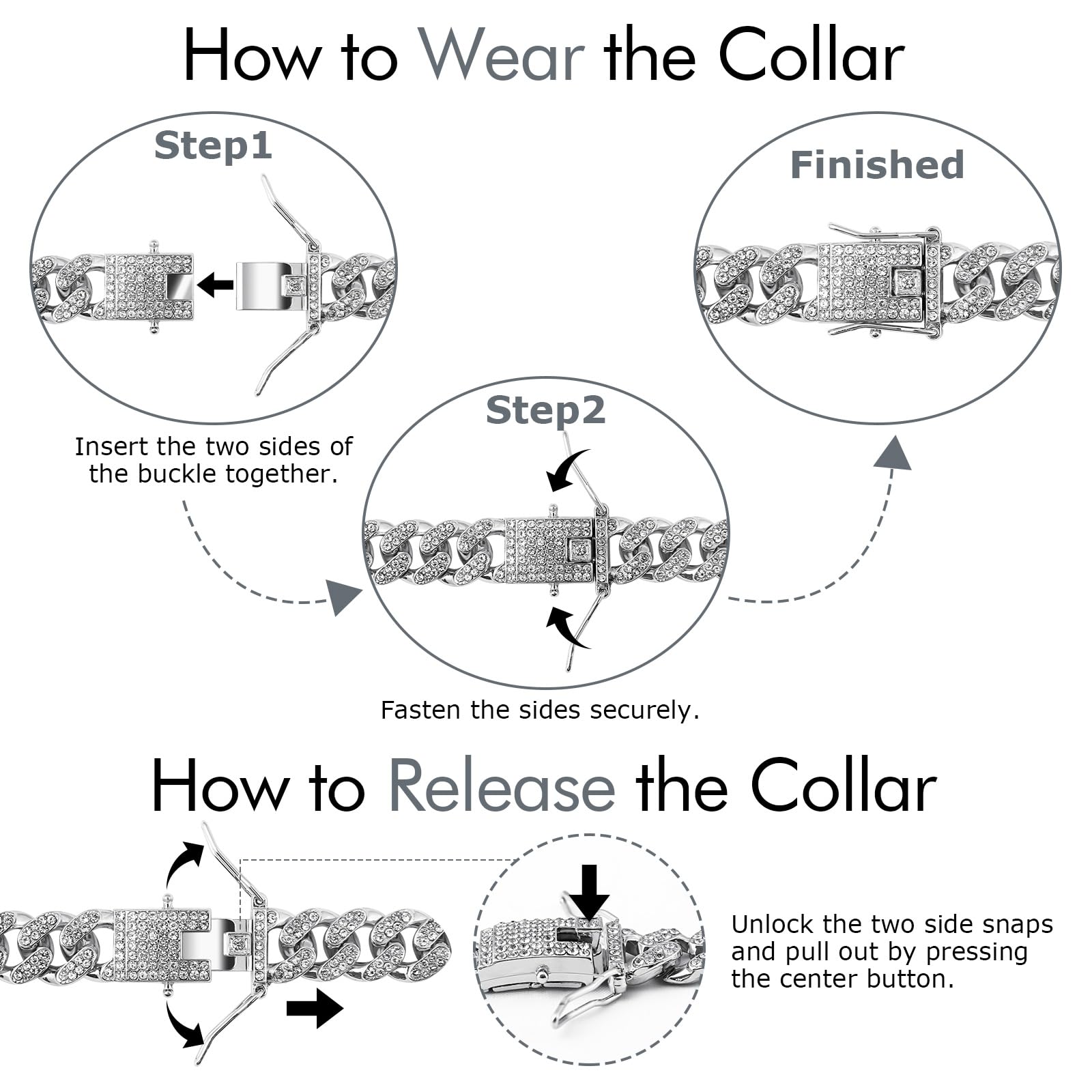 Cuban Link Silver Dog Collar Design Secure Buckle Dog Chain Crystal Necklace Metal Jewelry Accessories For Small Medium Large Pe