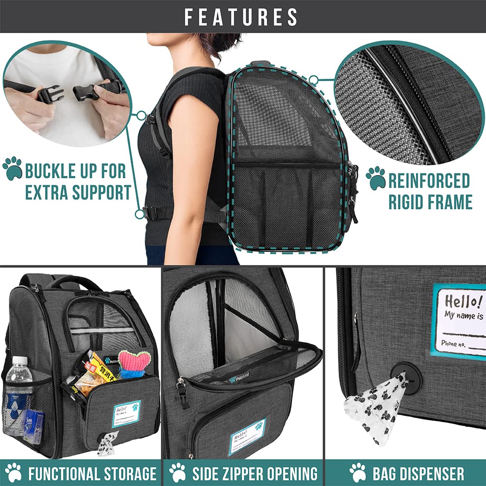 PetAmi Expandable Dog Cat Backpack Carrier - Airline Approved, Soft Back Support, Ventilated, for Small Medium Dogs & Large Cats, Charcoal
