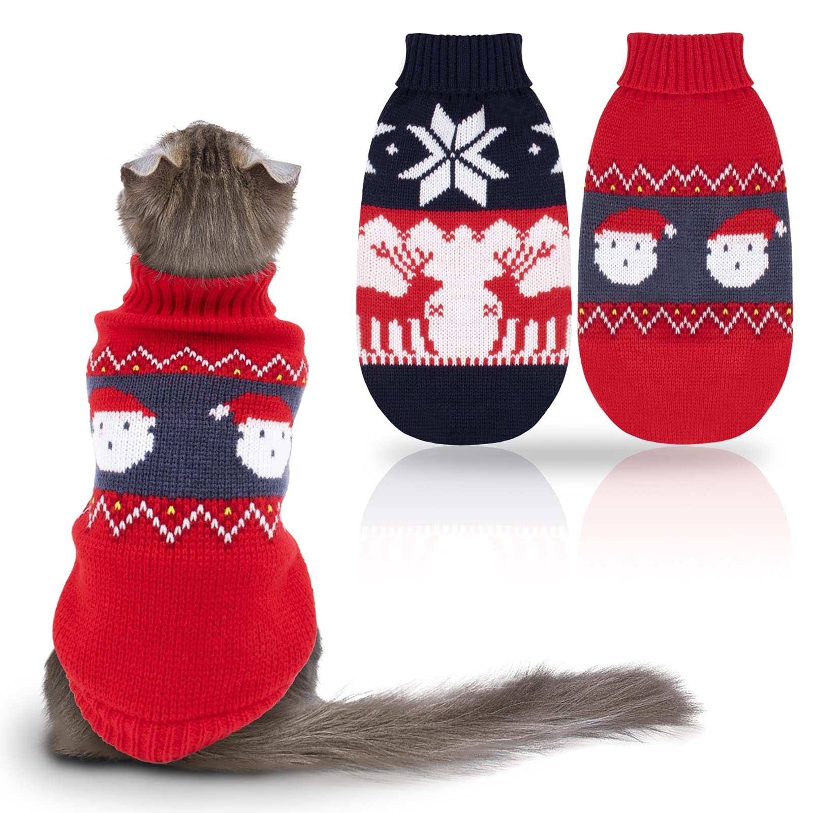 Rypet 2 Packs Cat Christmas Sweater - Puppy Christmas Sweater Pet Turtleneck Knitwear With Reindeer Santa Claus Pattern Sweaters