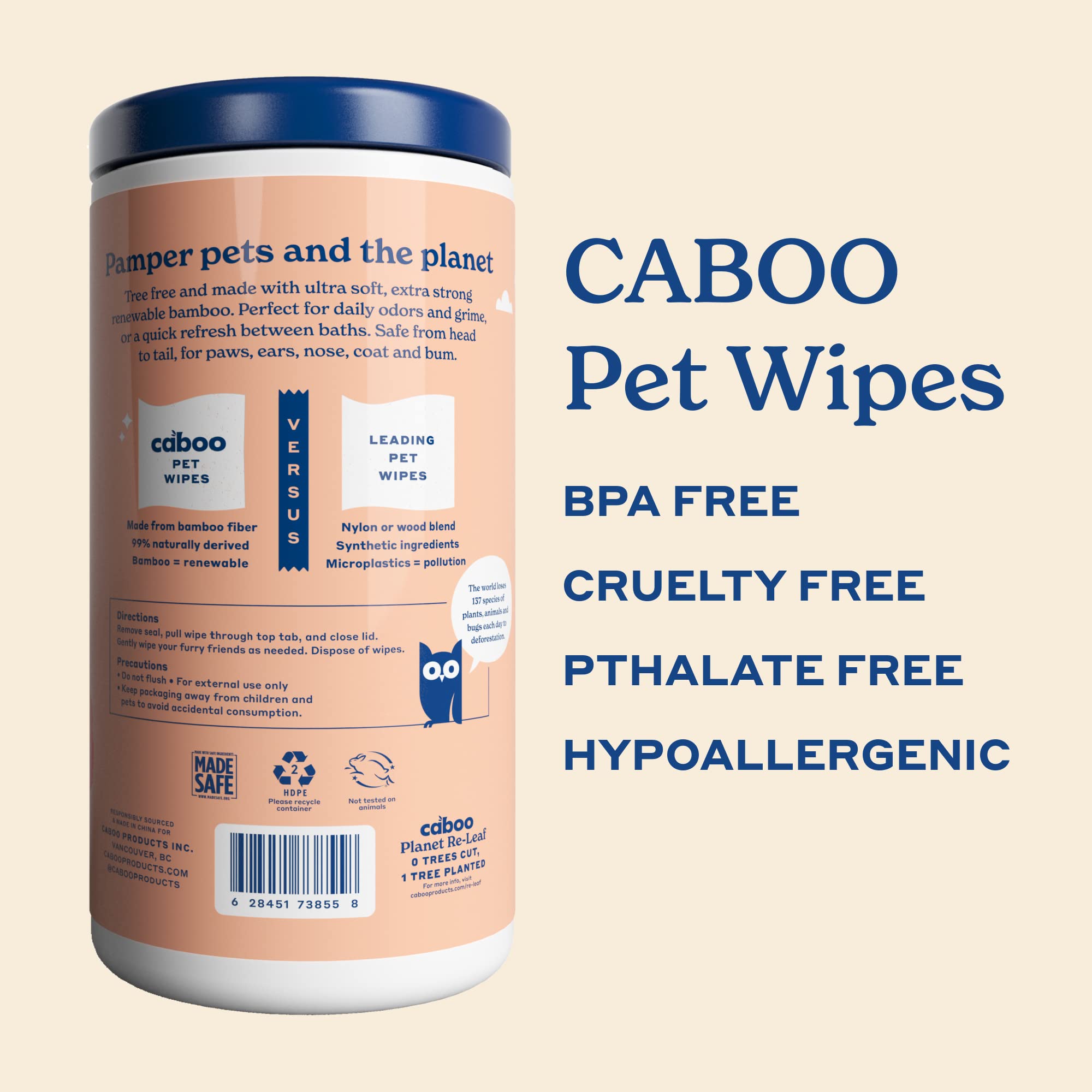 Caboo Tree Free Pet Wipes For Dogs & Cats, Natural, Deodorizing, Hypoallergenic Cleaning Wipes For Eyes, Ears, Paws, & Face (Uns