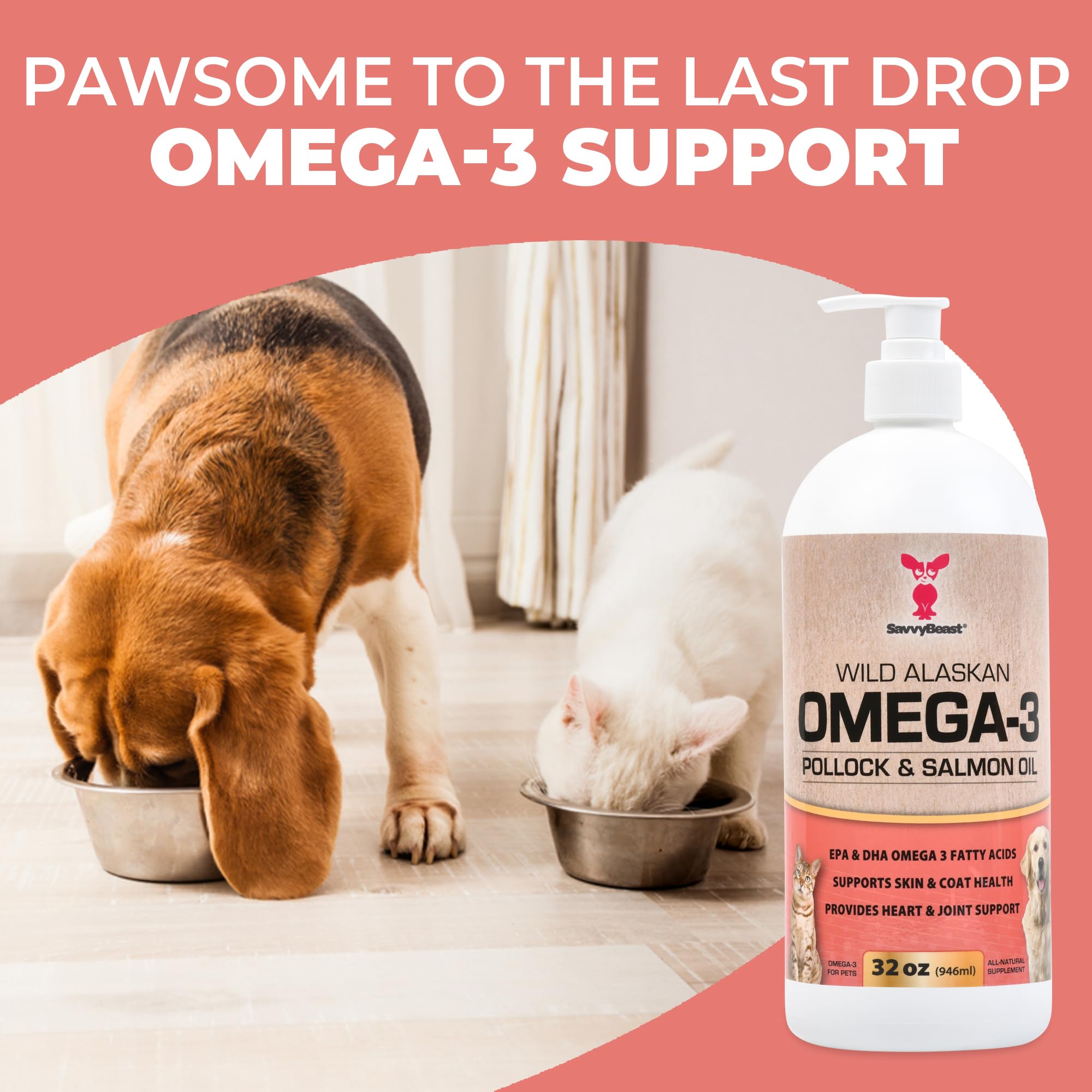SavvyBeast Pollock and Salmon Oil for Dogs & Cats - Omega-3 Fish Oil Supplement for Pets - Supports Skin & Coat, Joints, Itch Re