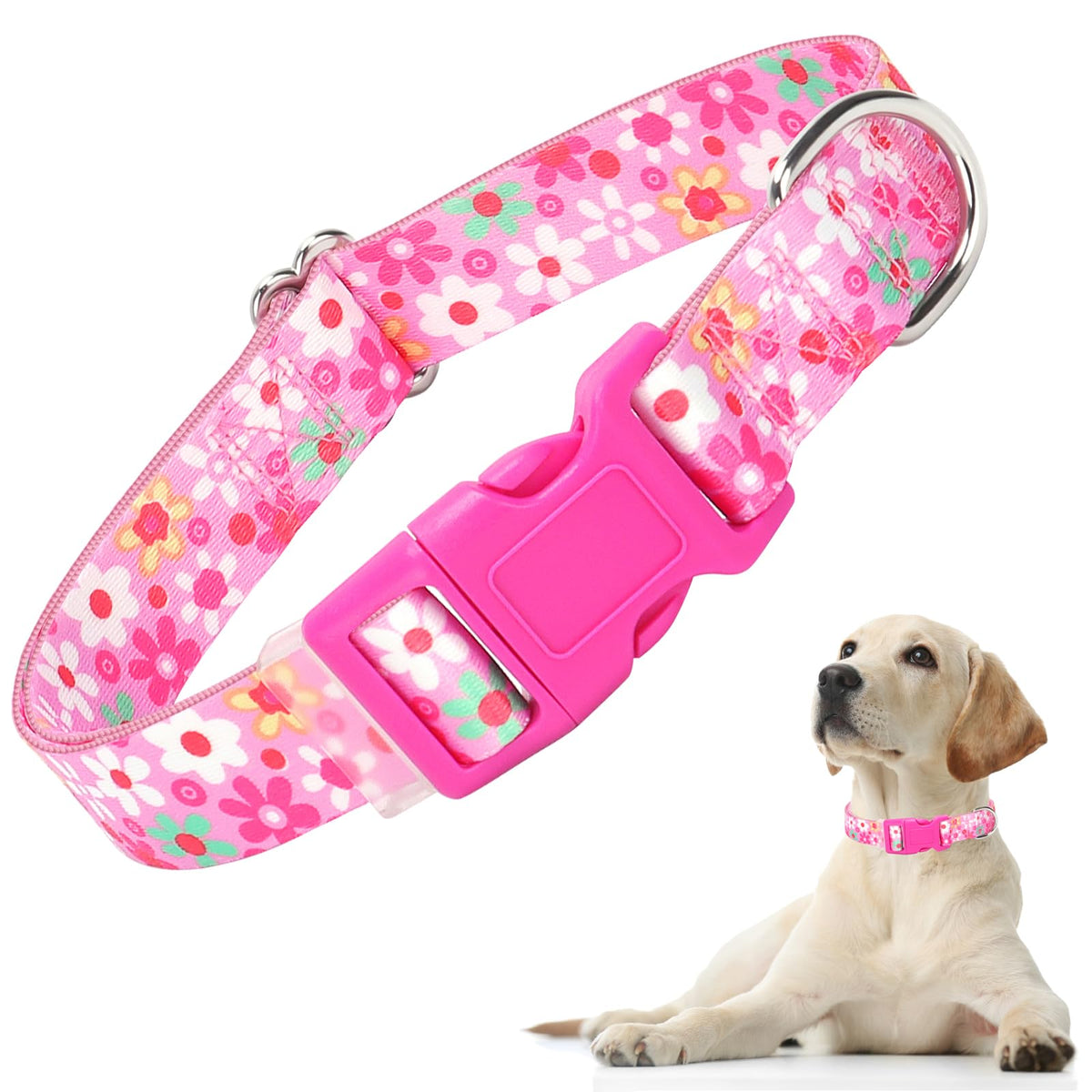 Pink Dog Collar For Girl Dogs, Adjustable Cute Flower Dog Collars, Soft Nylon Collar For Small Medium Large Xl Dogs (Floral L)