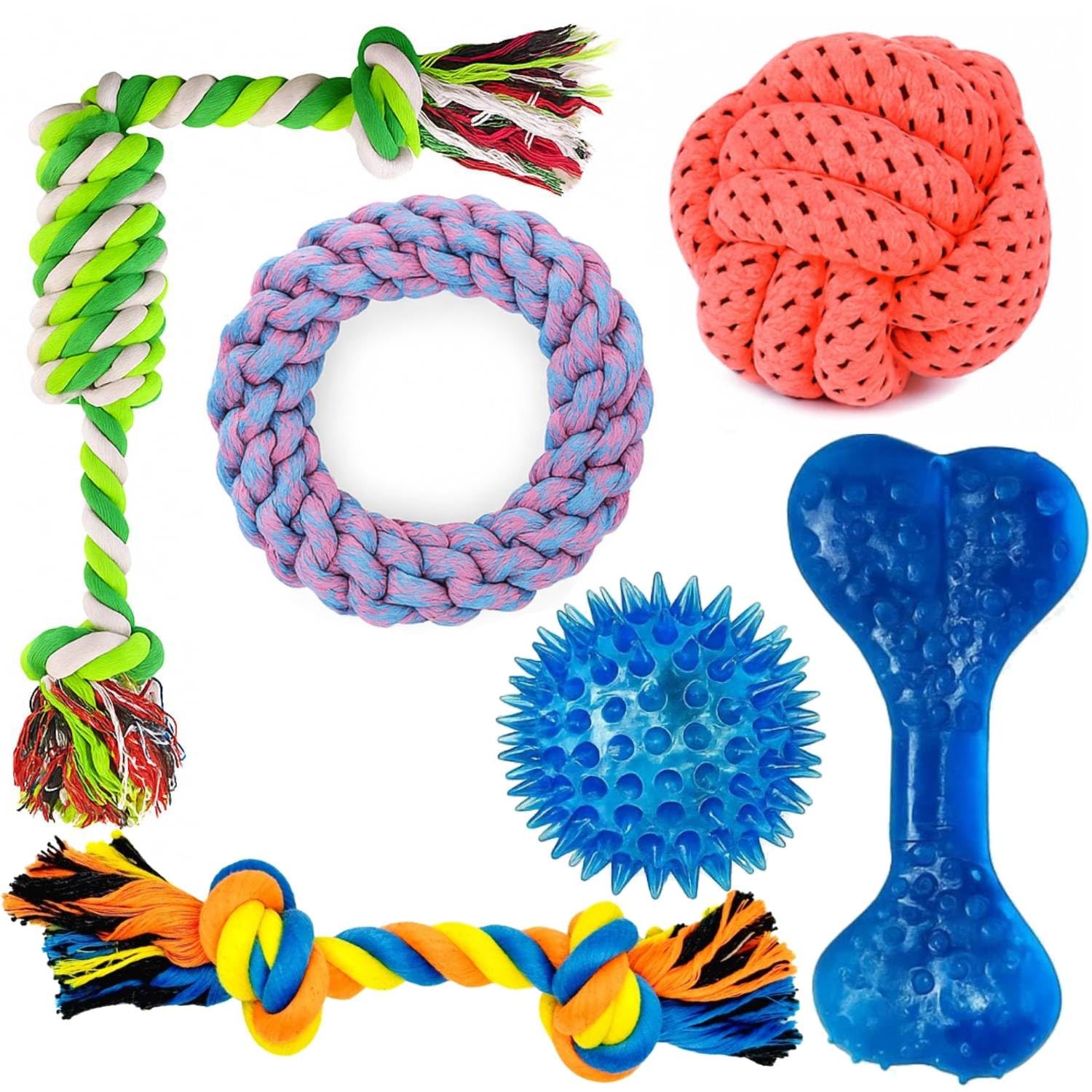 YOUHAVEDEAL Dog Chew Toys Pack | 6in1 Rope Toys Combo for Puppy Aggressive Chewers | Cotton Rope, Rubber Bone, Spiky Ball | Sa
