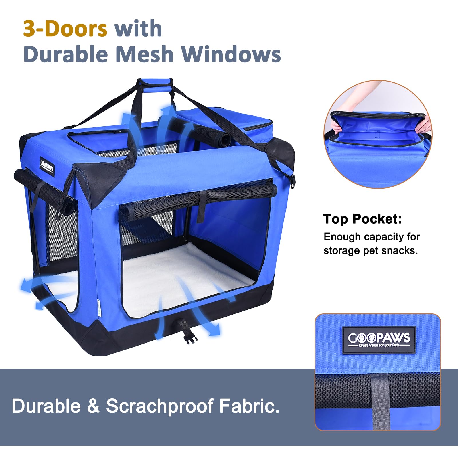 Jespet 36'' Soft Dog Crates Kennel For Pets, 3 Door Soft Sided Folding Travel Pet Carrier With Straps And Fleece Mat For Dogs, C