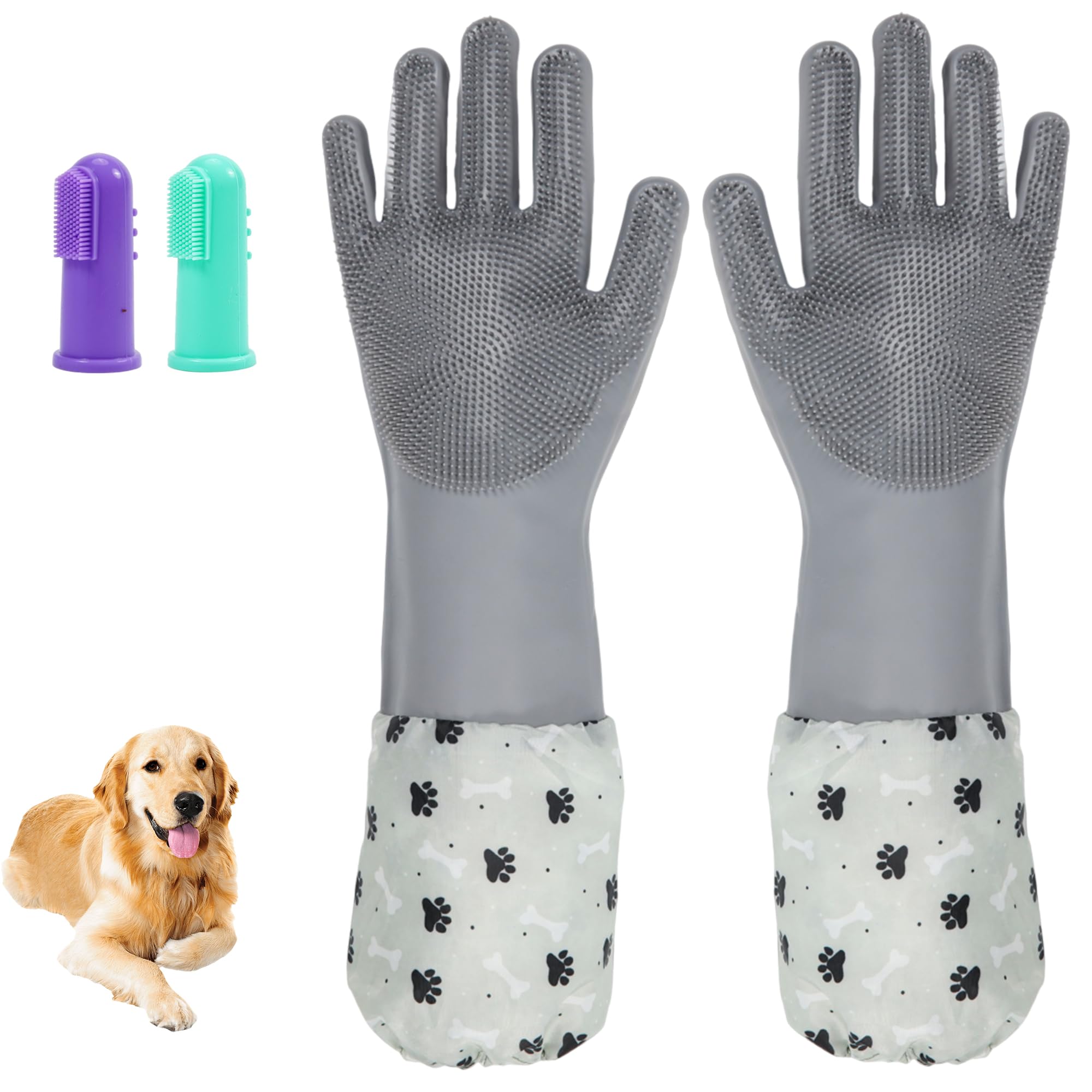 Robatun Pet Grooming Gloves & Hair Remover For Cats And Dogs - 2-In-1 Dog Bath Gloves With Finger Toothbrush & Extended Length -