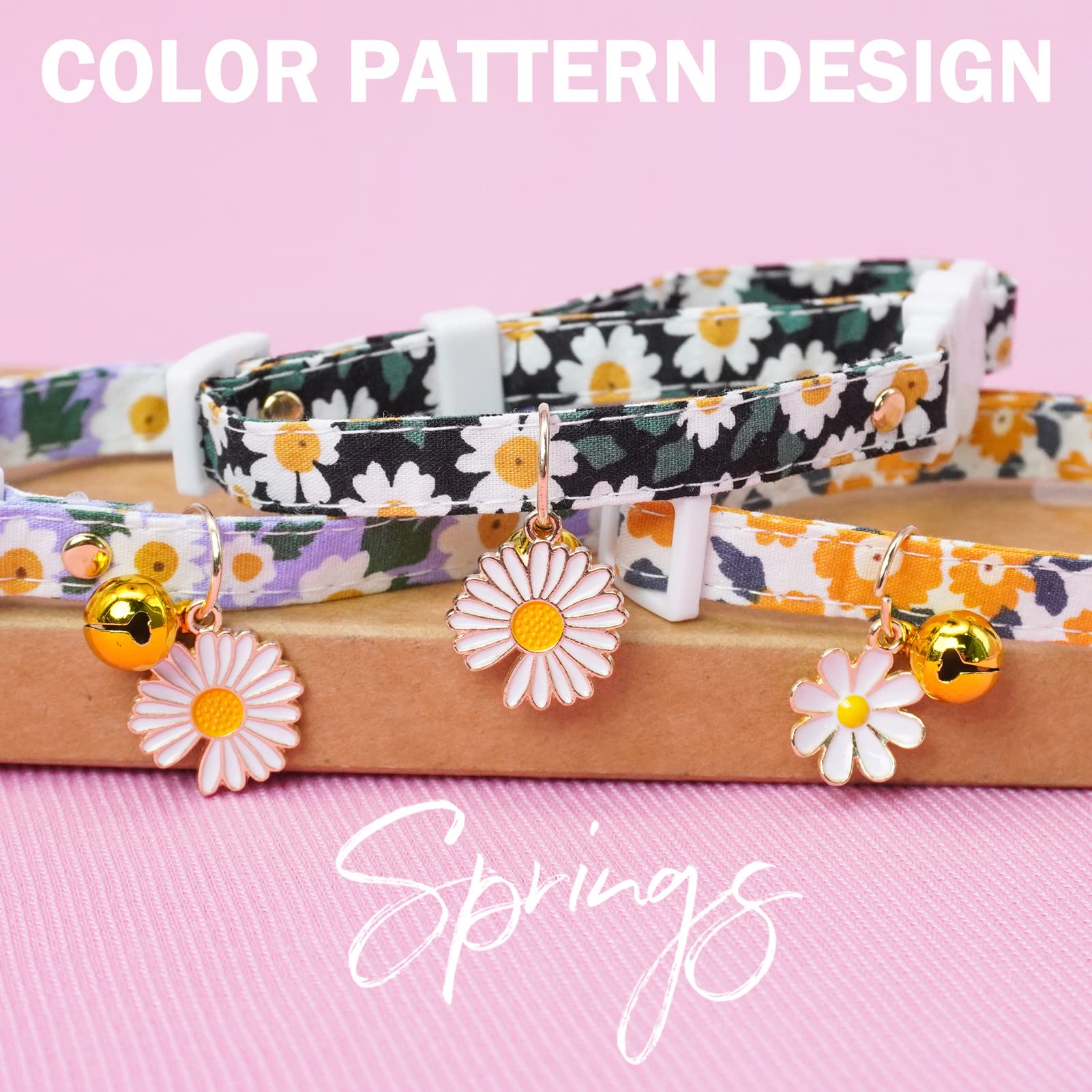 Dillybud 3 Pack Breakaway Cat Collars With Bell- Flower Pendant Spring Cat Collar For Girl Boy Cats With Safety Buckle- Cute Kit