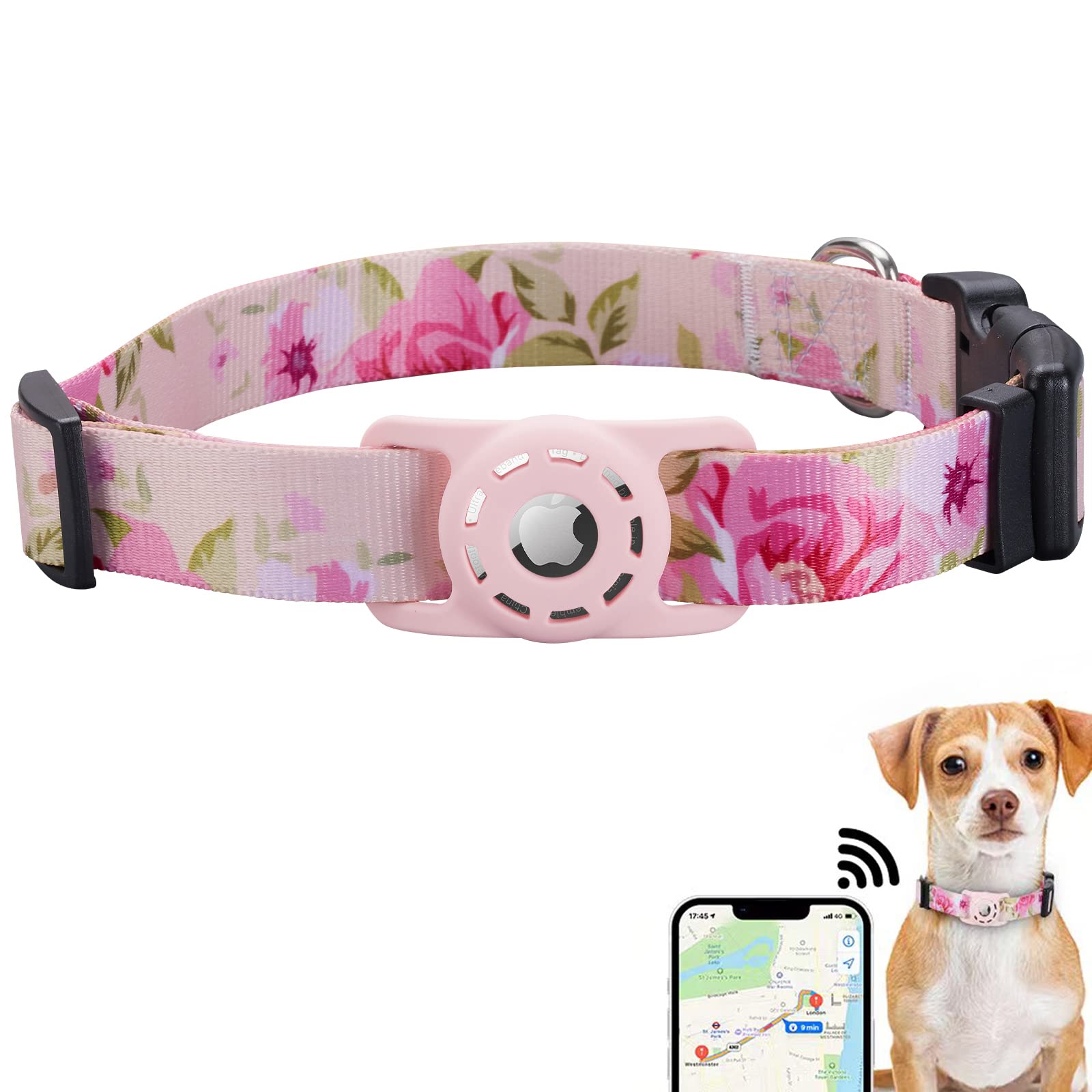 Konity Airtag Dog Collar, Compatible With Apple Airtag, Polyester Pet Cat Puppy Collar With Silicone Airtag Holder For Small, Medium, Large, & Extra Large Dogs, Pink Rose, S: 9.8''-15.7'' Neck