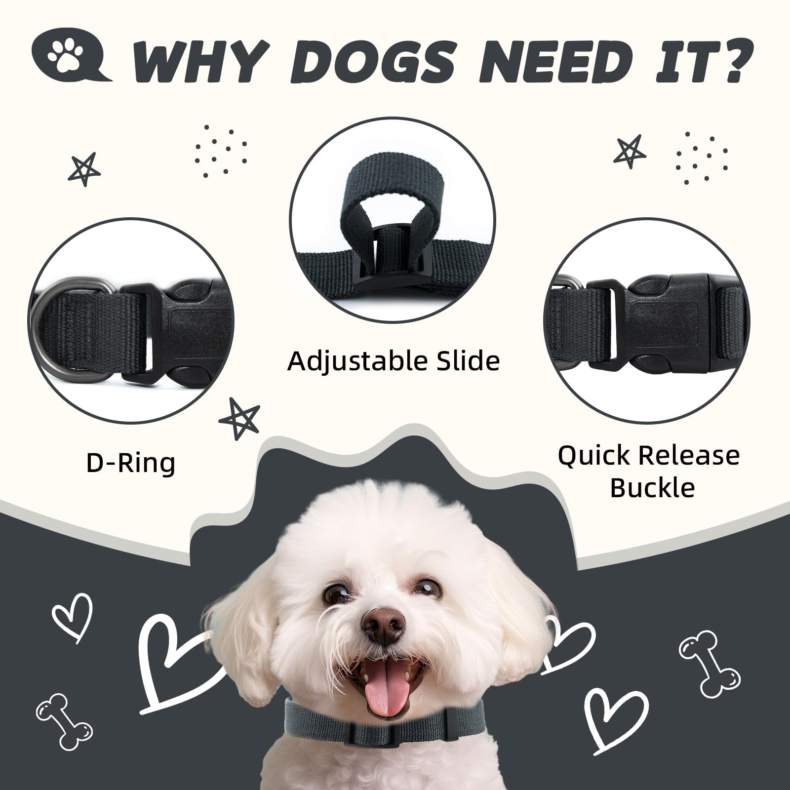 Pawhuggies Grey Dog Collar For Large Dog, Breathable, Anti-Odor & Soft, Comfortable For Sensitive Skin Puppies, 90% Bamboo Rayon