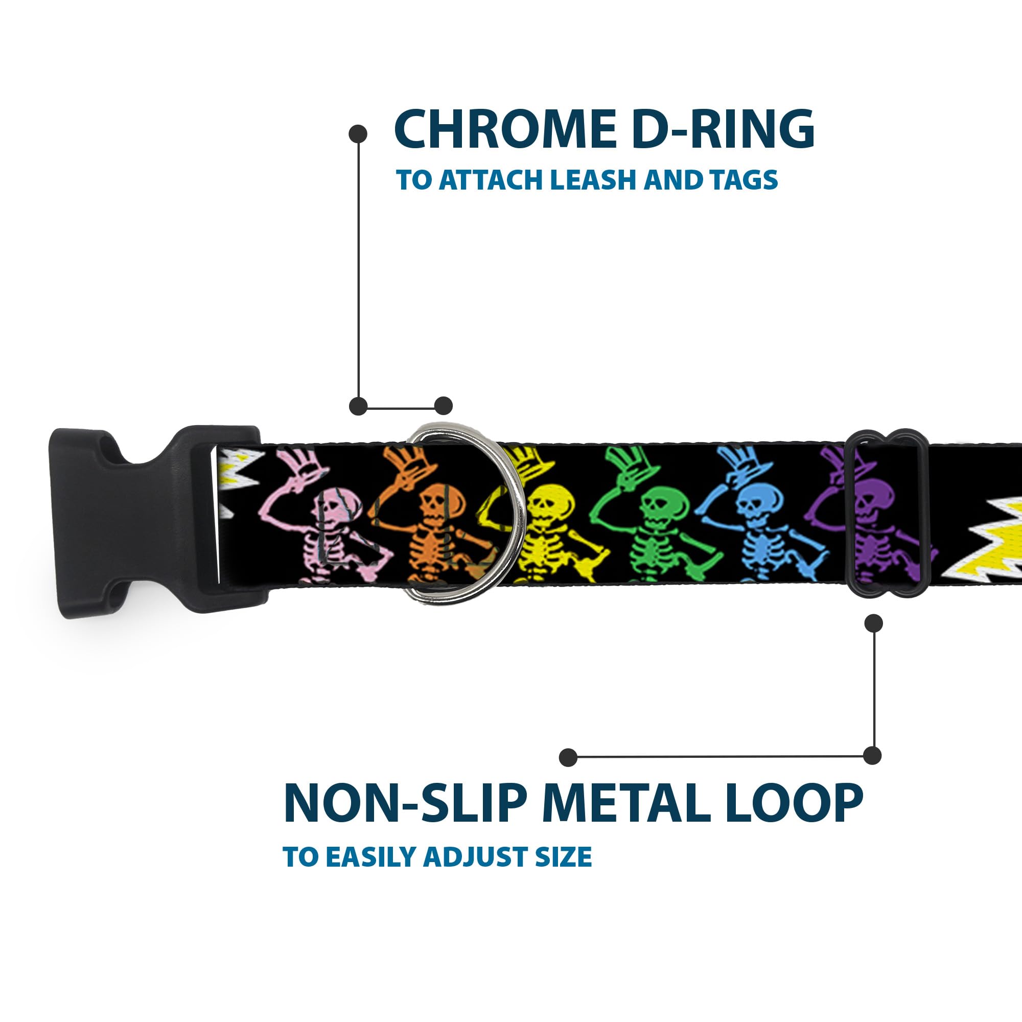 Buckle-Down Plastic Clip Collar - Grateful Dead Script W/Bears & Skeletons Black/Multi Color - 1'' Wide - Fits 15-26'' Neck - La