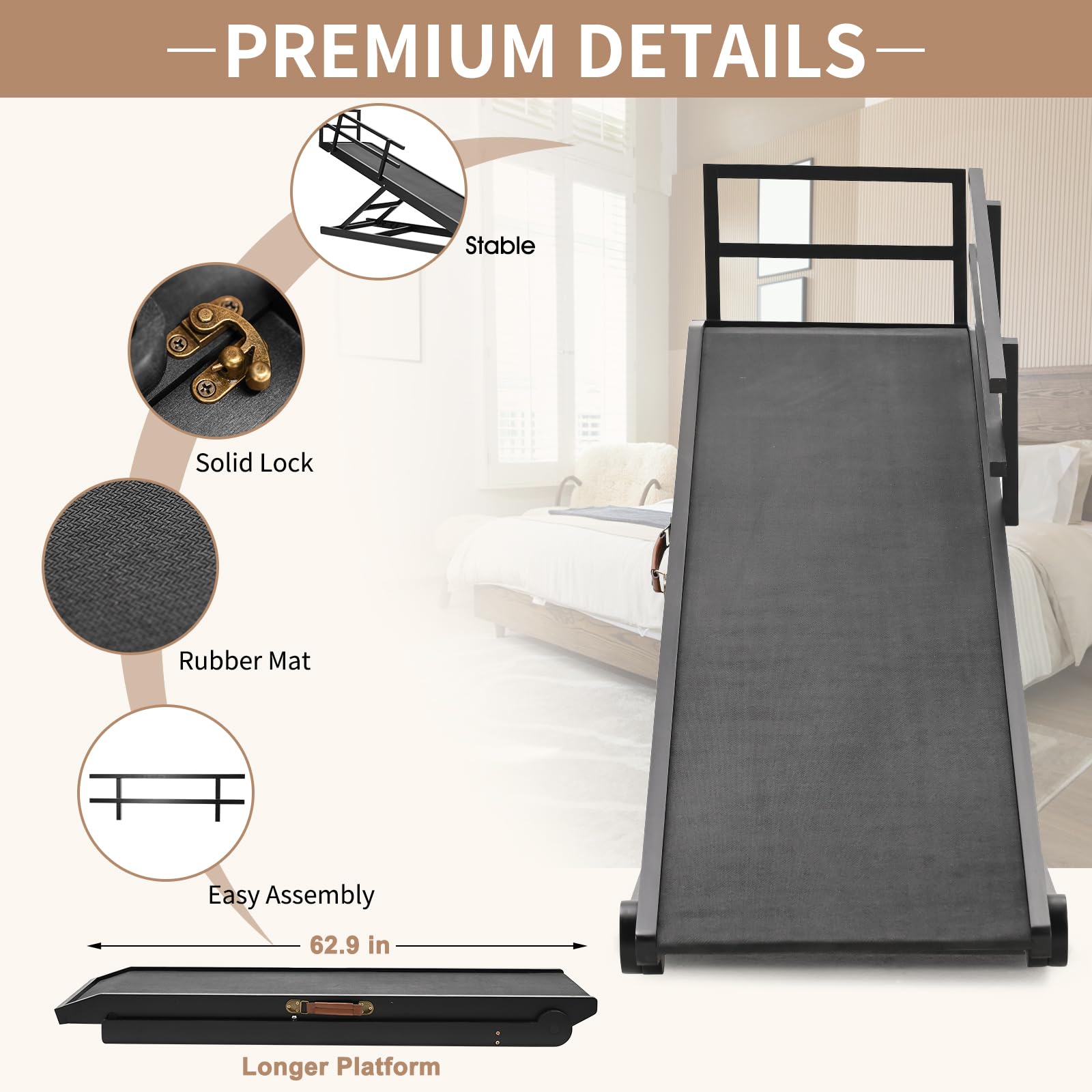 Dog Ramp, Rubber Mat High Traction Ramp, 62.9' Long Portable Paw Ramps, Great For Small & Old Pets, Natural Wood Pet Ramp With