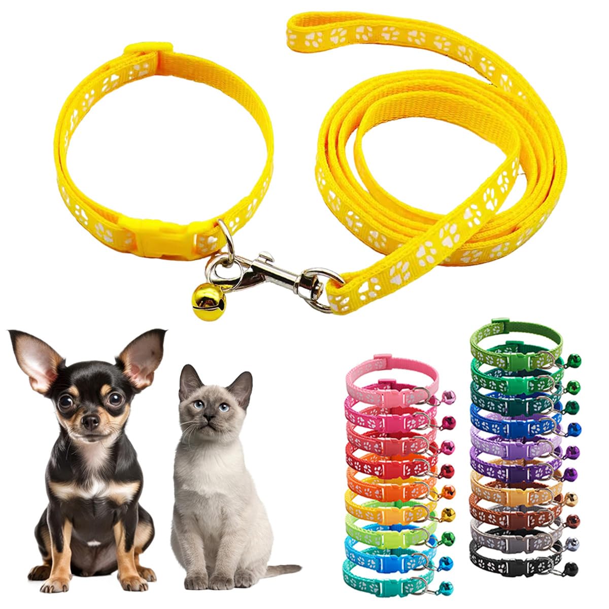 Puppy Collar And Leash Set With Bell,Yellow Nylon Paw Cat Collar Girl Female Cute Fancy Small Dog Collar With Bells For Xxs Xs T