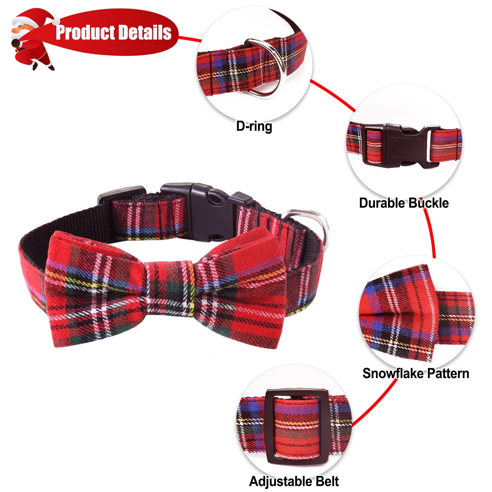 Malier Dog Collar With Bow Tie, Christmas Classic Plaid Snowflake Dog Collar Holiday For Small Medium Large Dogs Cats Pets (Scotland Red Plaid, Large)