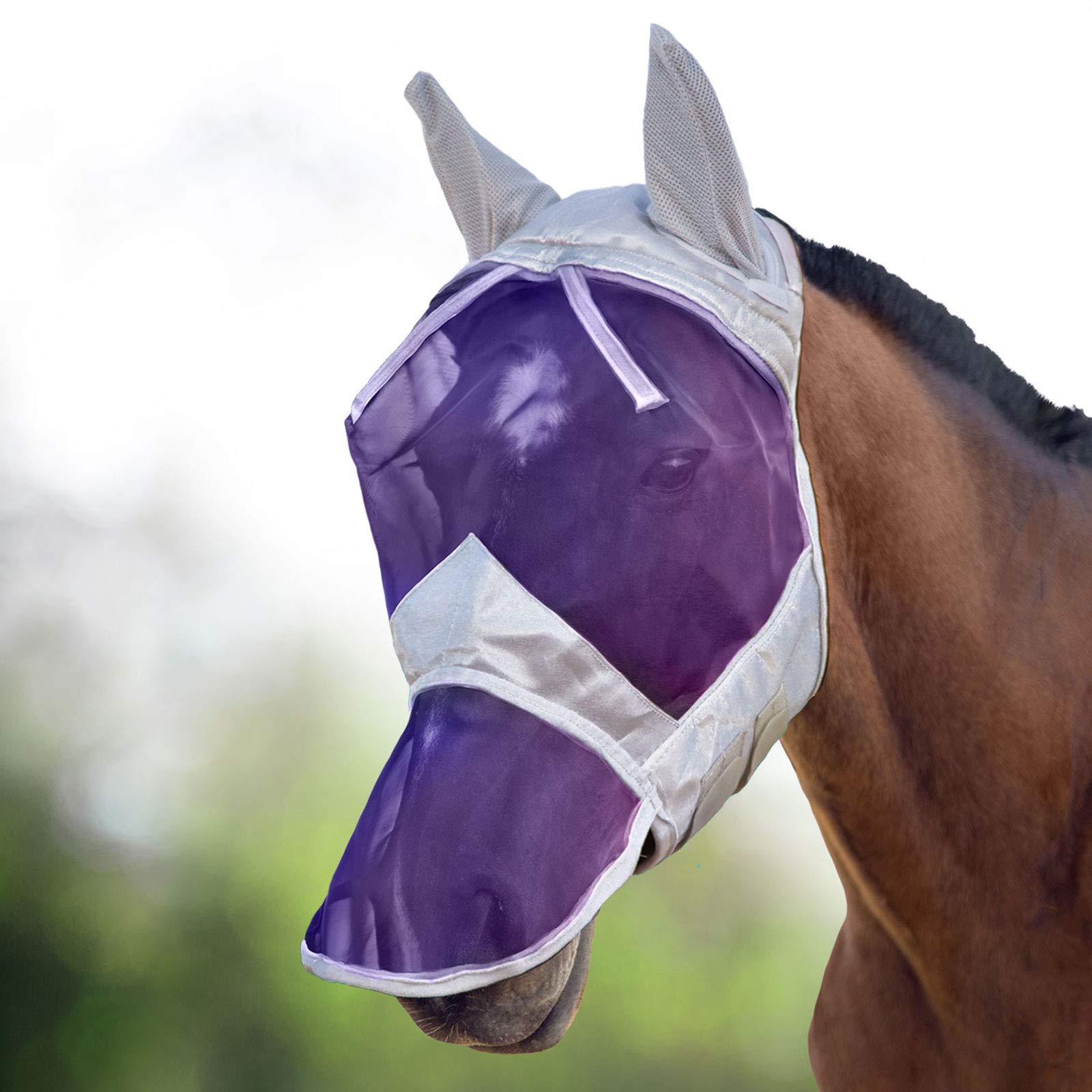 Harrison Howard CareMaster Horse Fly Mask Long Nose with Ears Full Face Silver/Purple Retro Medium Cob